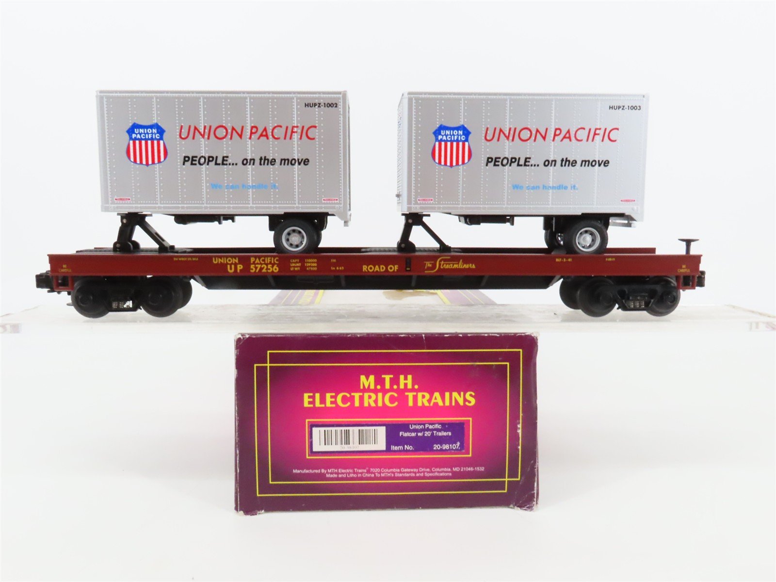 O Gauge 3-Rail MTH 20-98171 UP Union Pacific TOFC Flat Car #57256 w/20' Trailers