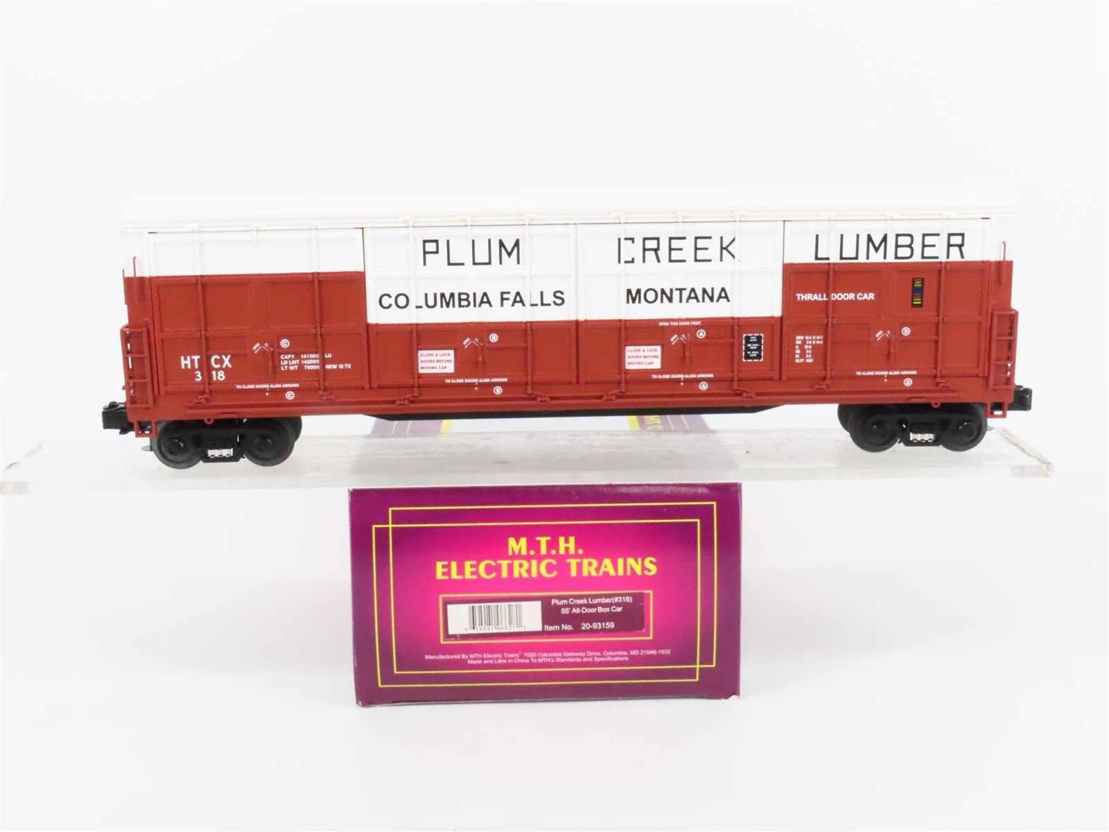 O Gauge 3-Rail MTH 20-93159 HTCX Plum Creek 55' Thrall All-Door Box Car #318