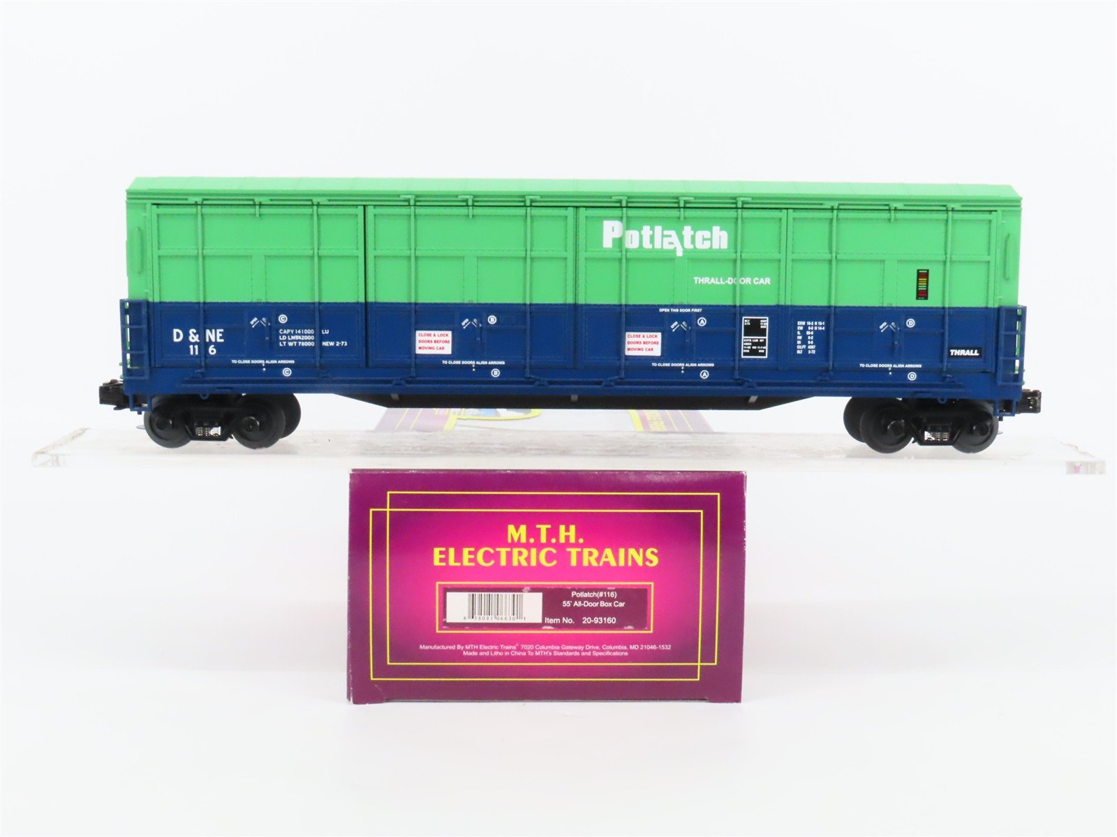 O Gauge 3-Rail MTH 20-93160 D&NE Potlach 55' Thrall All-Door Box Car #116