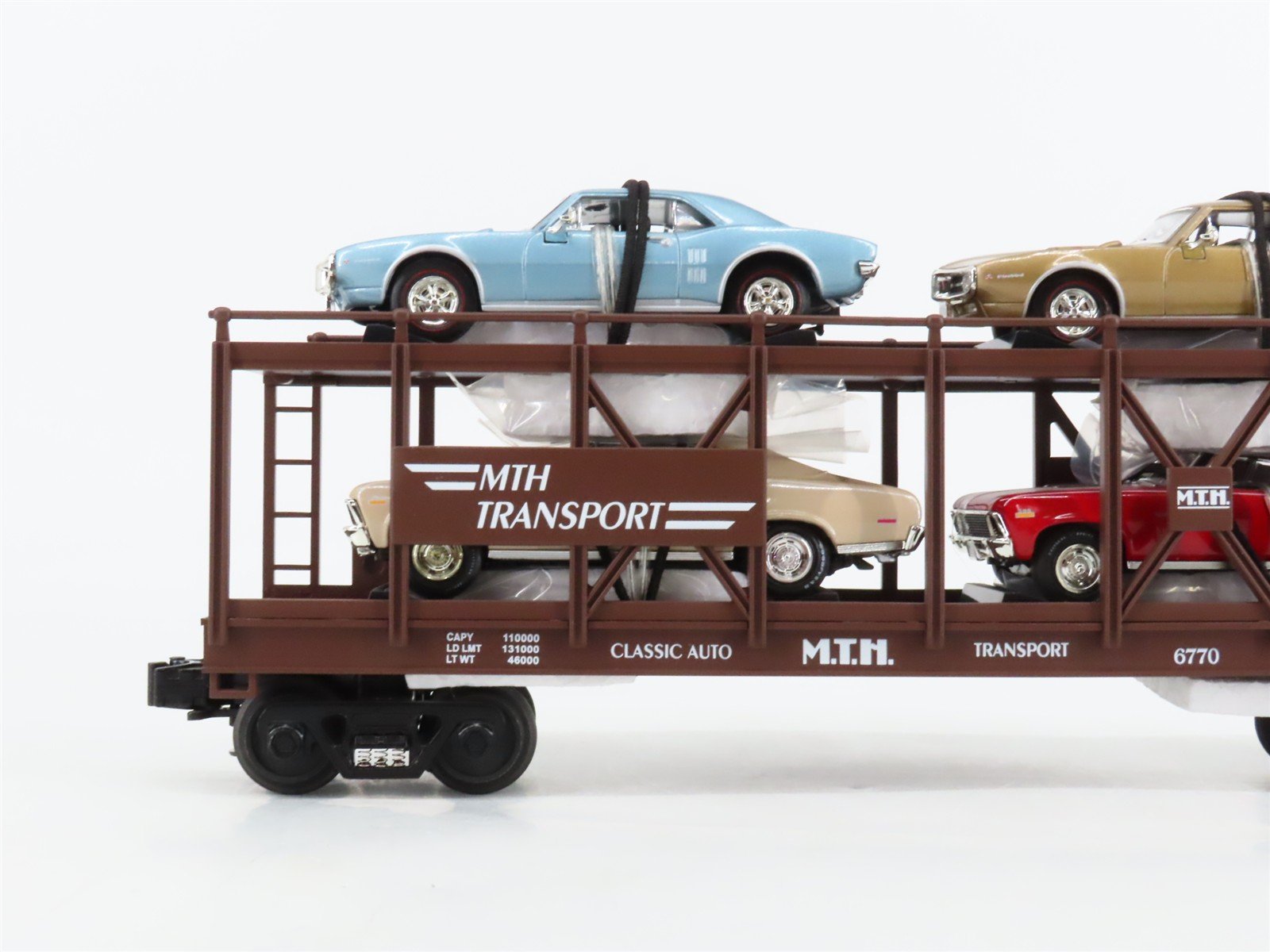 O27 3-Rail MTH RailKing 30-7638 Auto Carrier 6770 w/Ertl '67 Firebird & '70 Nova