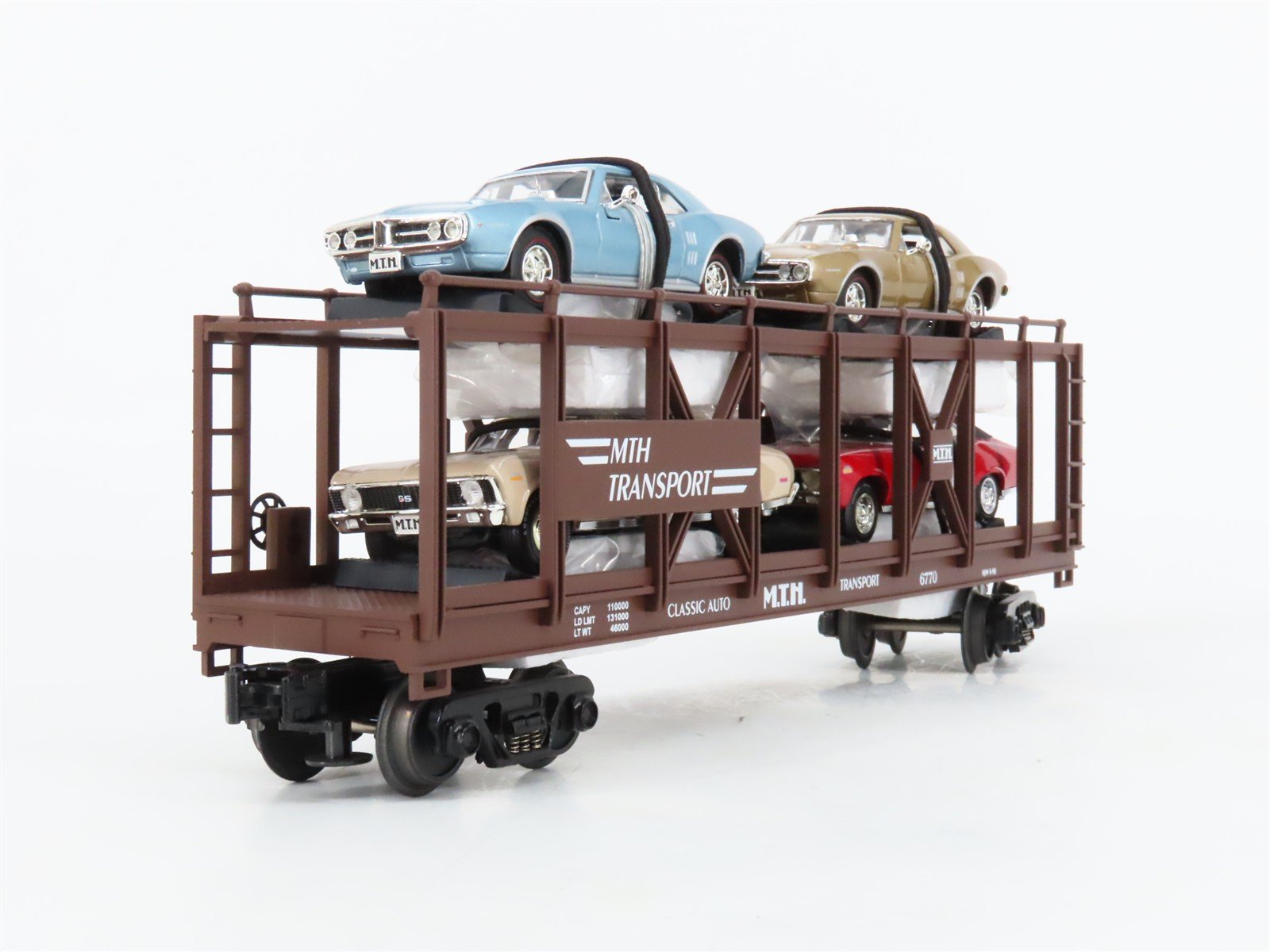 O27 3-Rail MTH RailKing 30-7638 Auto Carrier 6770 w/Ertl '67 Firebird & '70 Nova