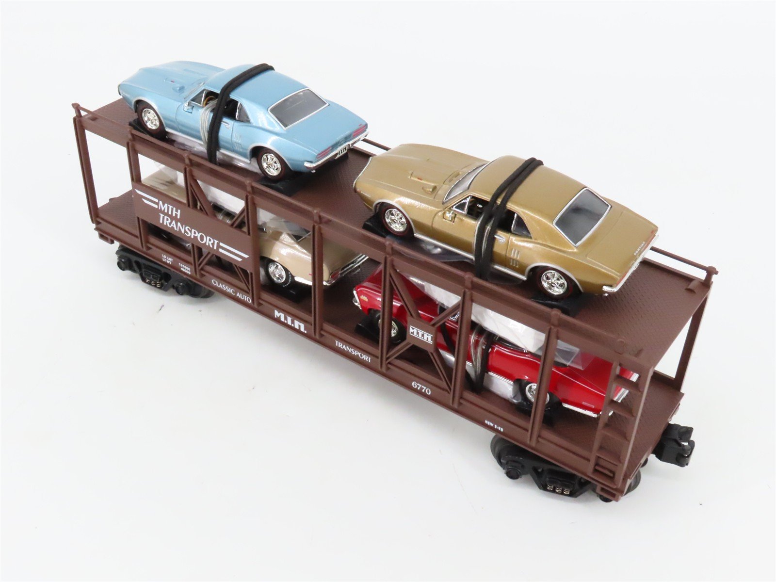 O27 3-Rail MTH RailKing 30-7638 Auto Carrier 6770 w/Ertl '67 Firebird & '70 Nova