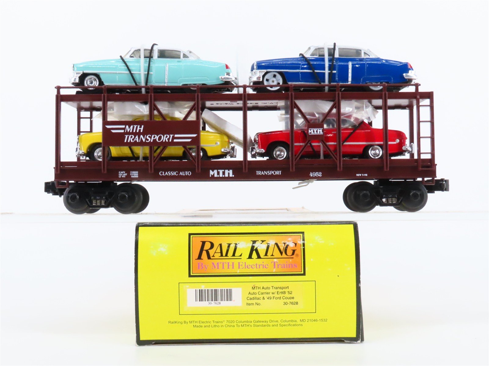 O27 3-Rail MTH RailKing 30-7628 Auto Carrier 4952 w/Ertl '52 Cadillac & '49 Ford