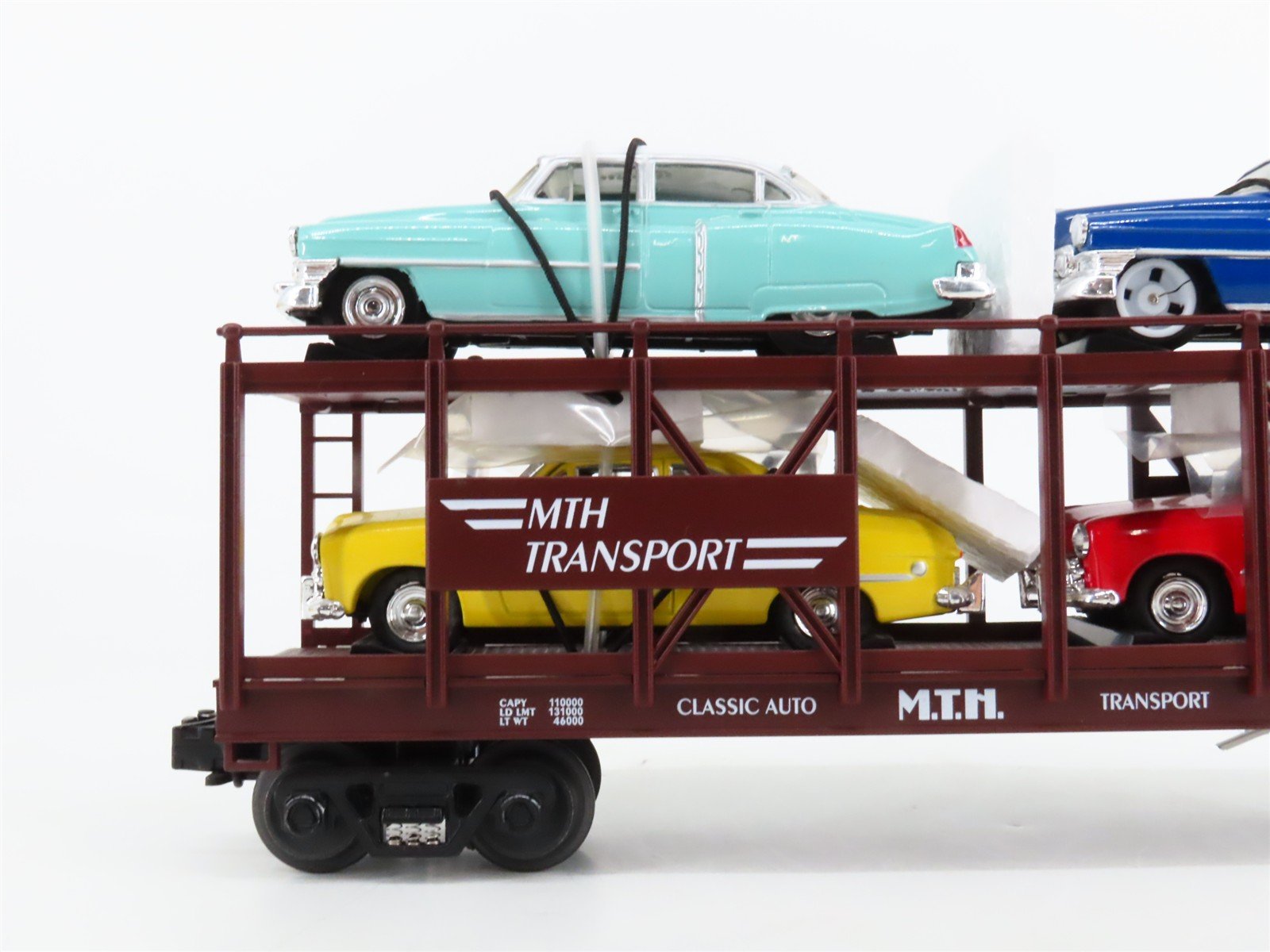 O27 3-Rail MTH RailKing 30-7628 Auto Carrier 4952 w/Ertl '52 Cadillac & '49 Ford
