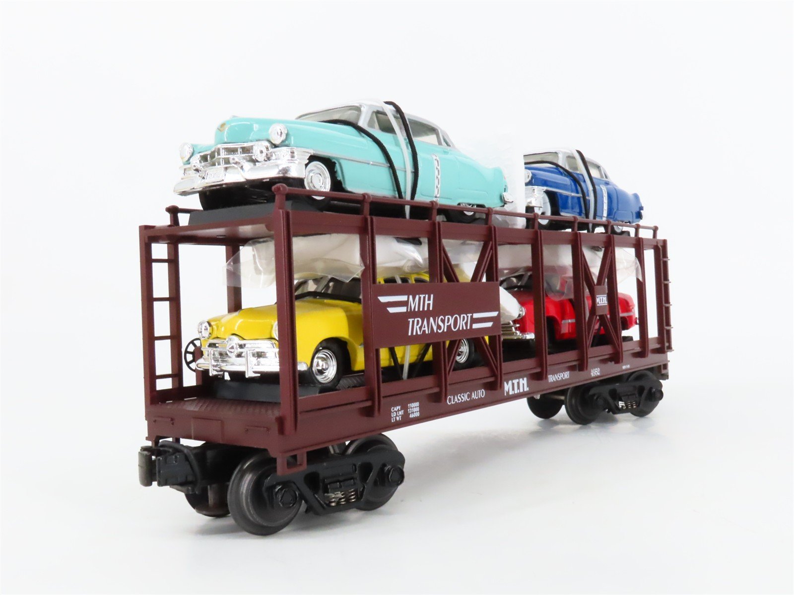 O27 3-Rail MTH RailKing 30-7628 Auto Carrier 4952 w/Ertl '52 Cadillac & '49 Ford