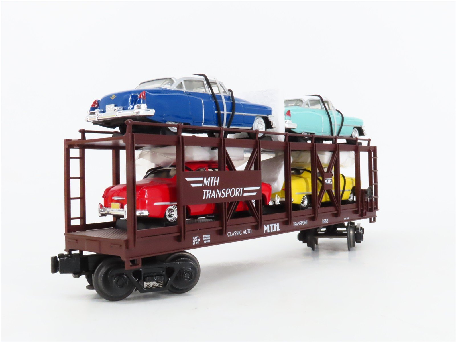 O27 3-Rail MTH RailKing 30-7628 Auto Carrier 4952 w/Ertl '52 Cadillac & '49 Ford