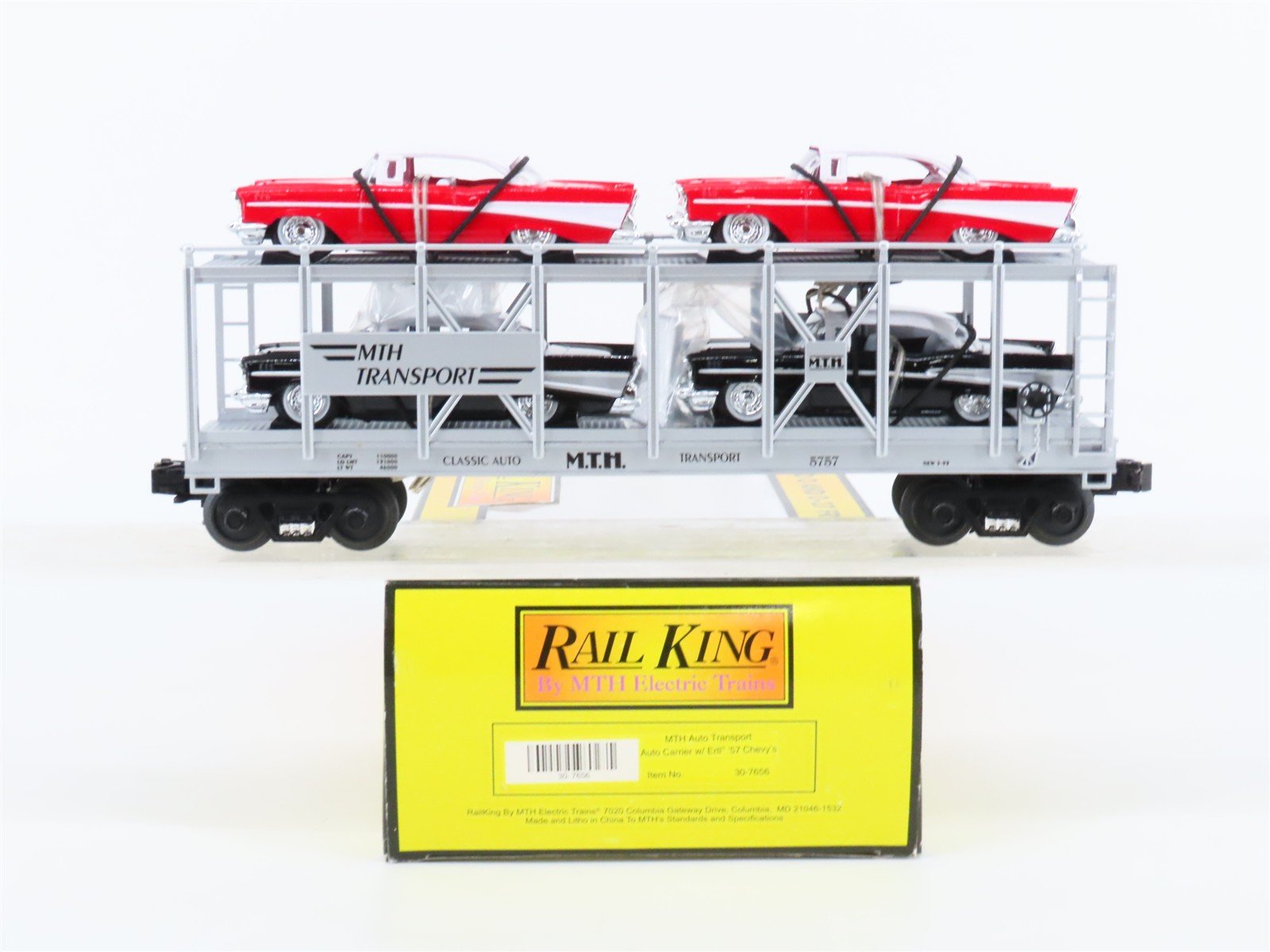O27 Gauge 3-Rail MTH RailKing 30-7656 Auto Carrier #5757 w/Ertl '57 Chevys