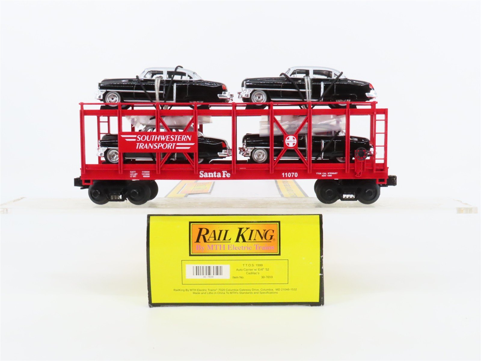 O27 3-Rail MTH RailKing 30-7659 ATSF Auto Carrier #11070 w/ Ertl '52 Cadillacs