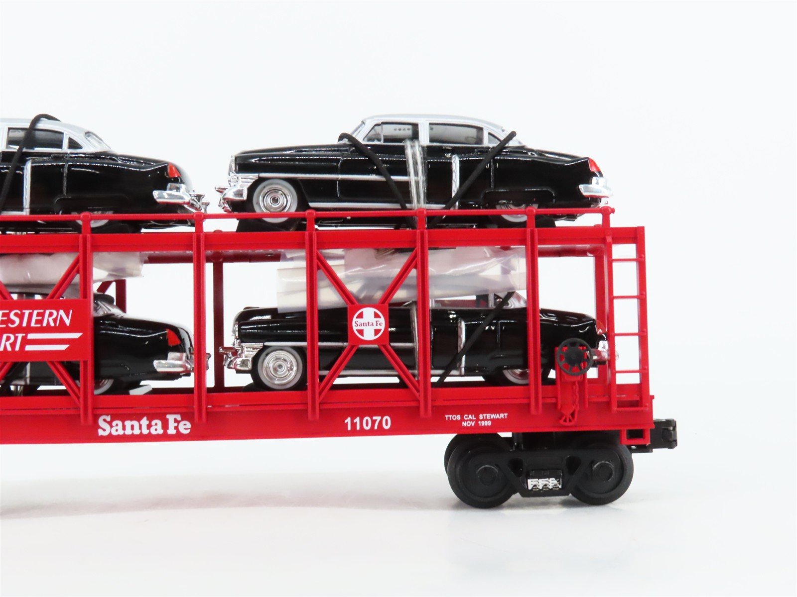 O27 3-Rail MTH RailKing 30-7659 ATSF Auto Carrier #11070 w/ Ertl '52 Cadillacs