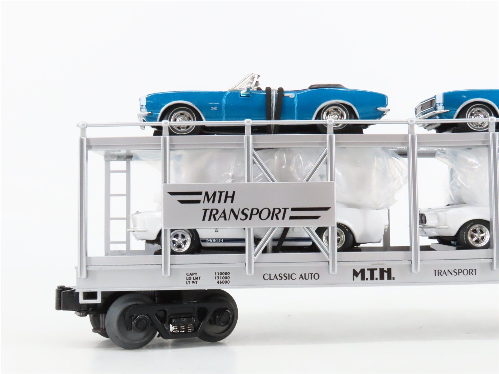 O27 3-Rail MTH RailKing 30-7666 Auto Carrier #5757 w/ Ertl '67 Camaro & Shelby