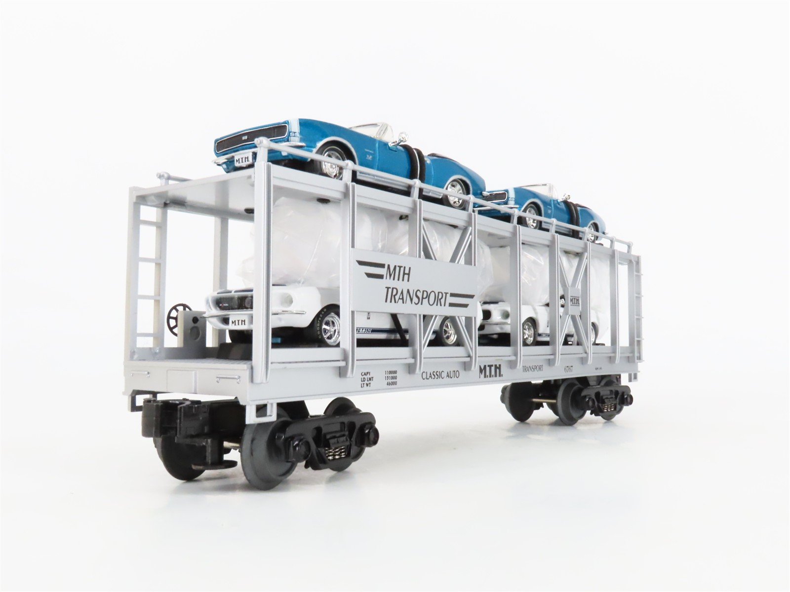 O27 3-Rail MTH RailKing 30-7666 Auto Carrier #5757 w/ Ertl '67 Camaro & Shelby