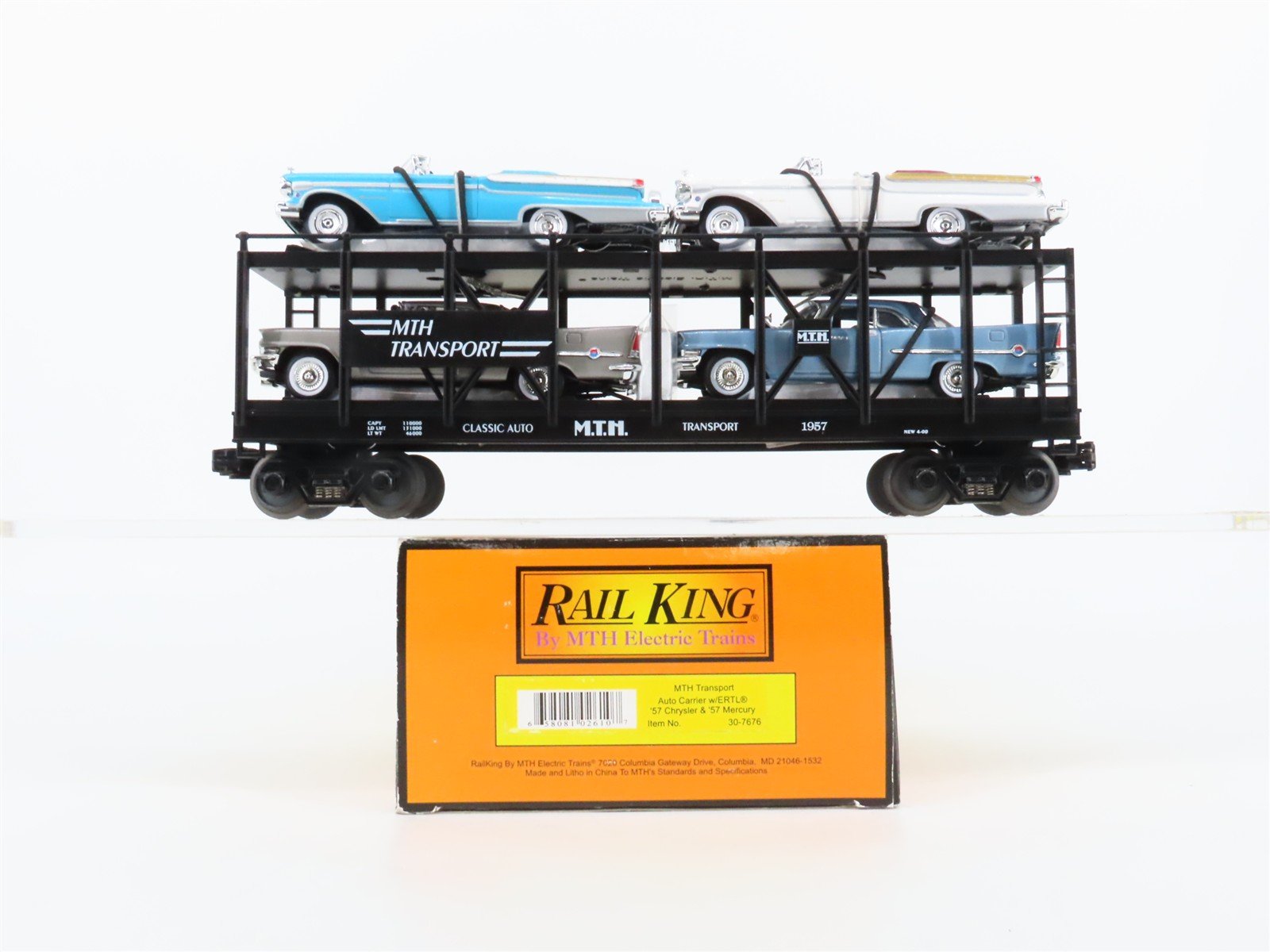 O27 3-Rail MTH RailKing 30-7676 Auto Carrier #1957 w/Ertl '57 Chrysler & Mercury