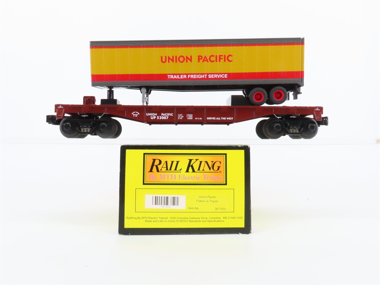 O27 Gauge 3-Rail MTH RailKing 30-7632 UP TOFC Flat Car #53007 w/ Trailer