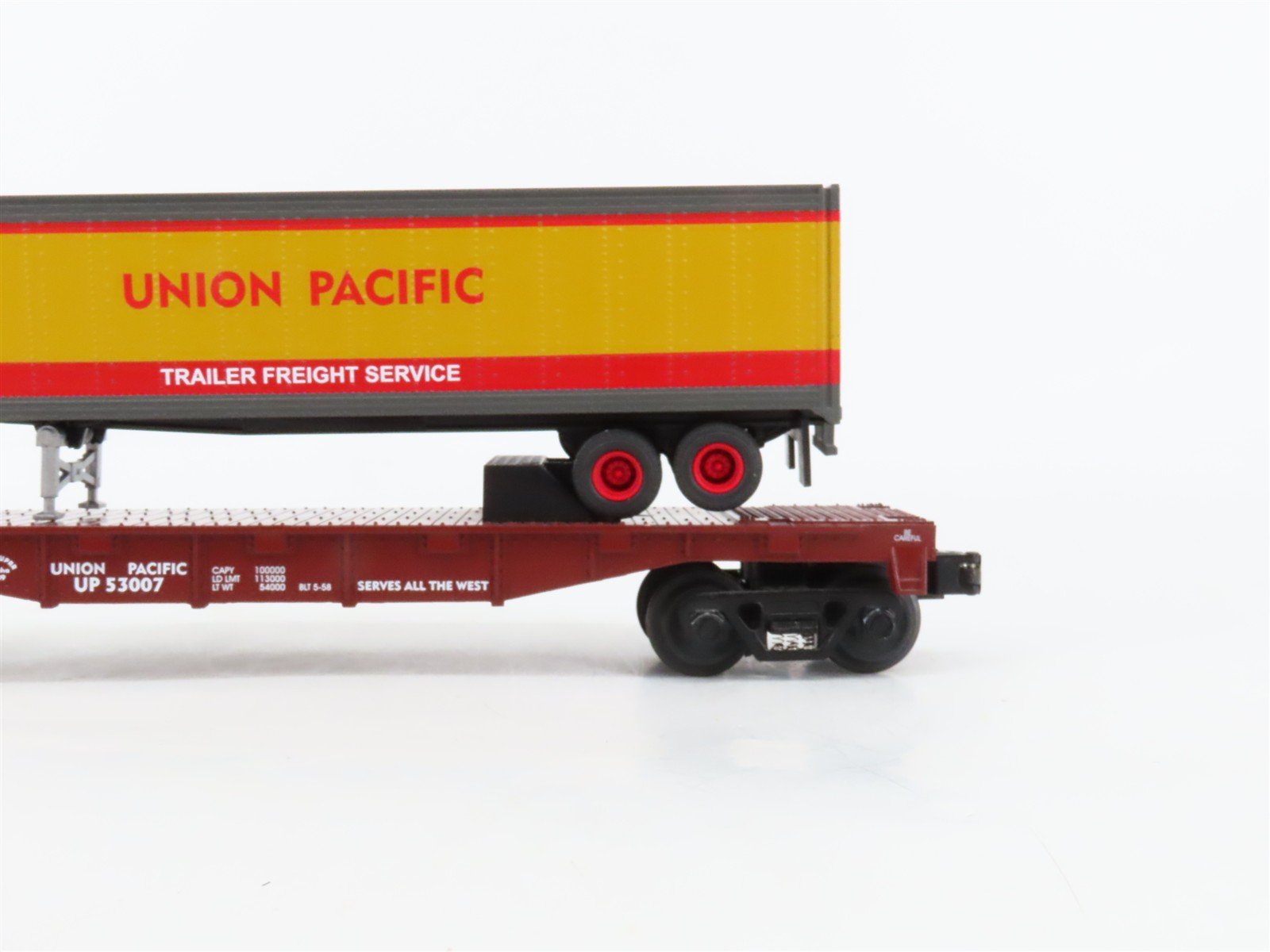 O27 Gauge 3-Rail MTH RailKing 30-7632 UP TOFC Flat Car #53007 w/ Trailer