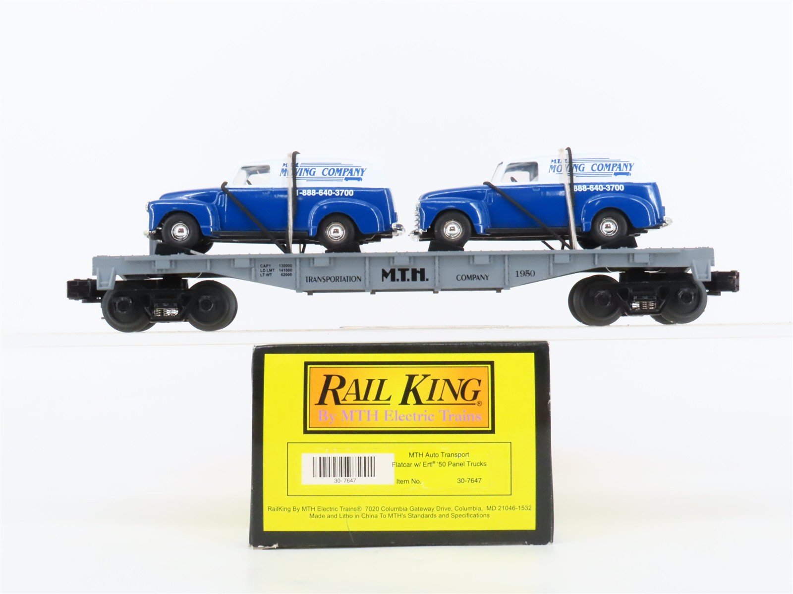 O27 Gauge 3-Rail MTH RailKing 30-7647 Flat Car #1950 w/ Ertl '50 Panel Vans