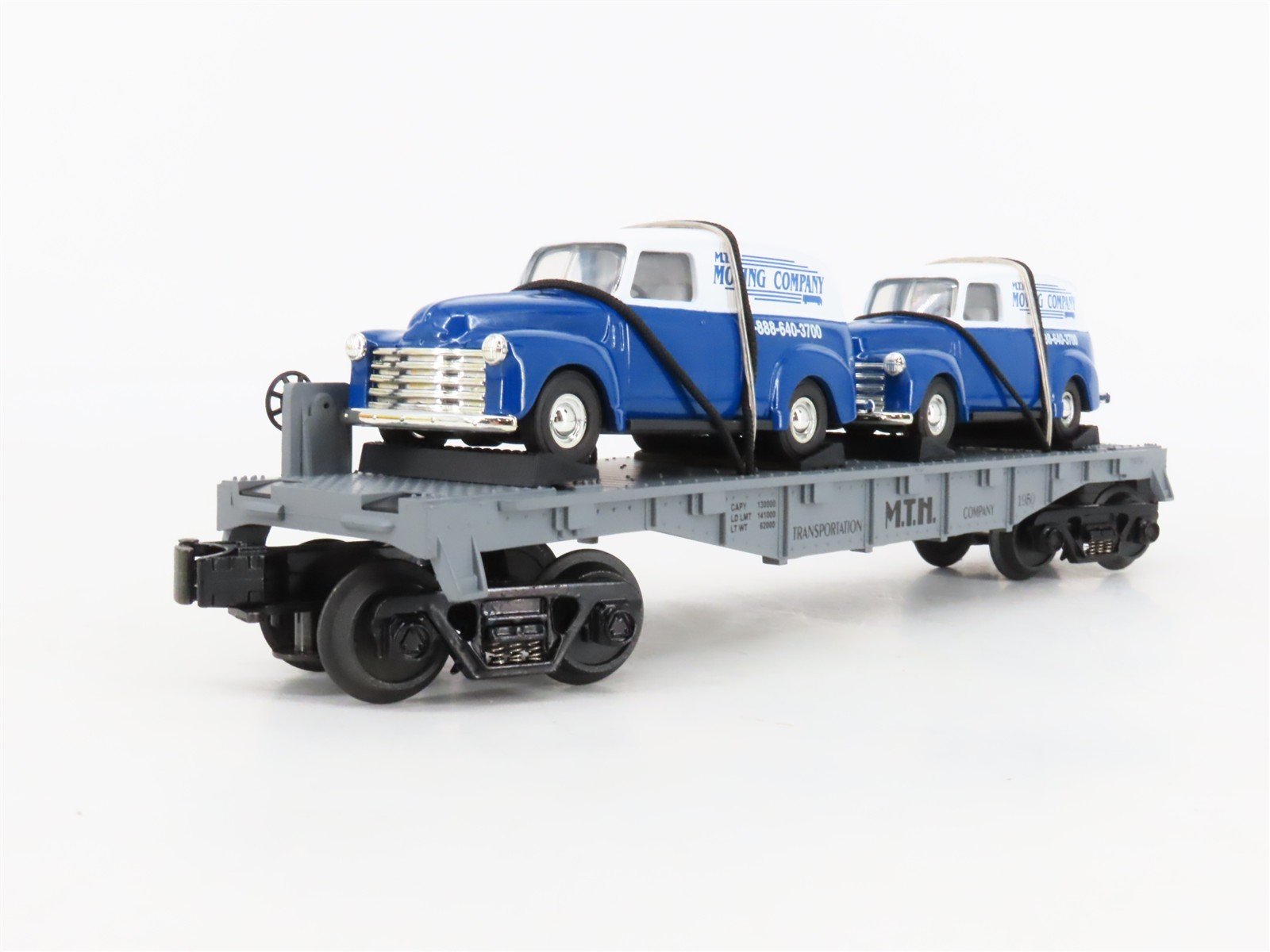 O27 Gauge 3-Rail MTH RailKing 30-7647 Flat Car #1950 w/ Ertl '50 Panel Vans