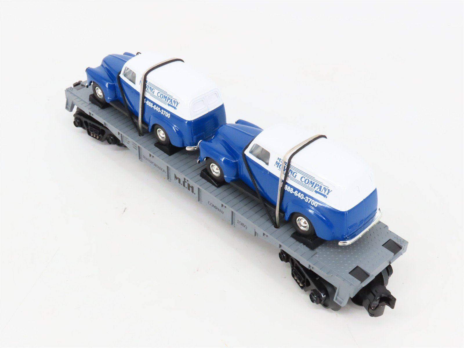 O27 Gauge 3-Rail MTH RailKing 30-7647 Flat Car #1950 w/ Ertl '50 Panel Vans