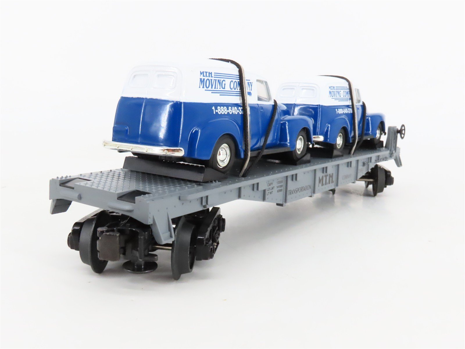 O27 Gauge 3-Rail MTH RailKing 30-7647 Flat Car #1950 w/ Ertl '50 Panel Vans