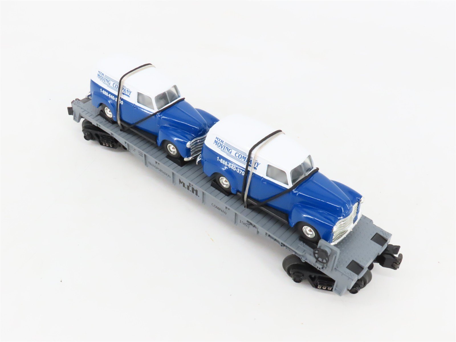 O27 Gauge 3-Rail MTH RailKing 30-7647 Flat Car #1950 w/ Ertl '50 Panel Vans