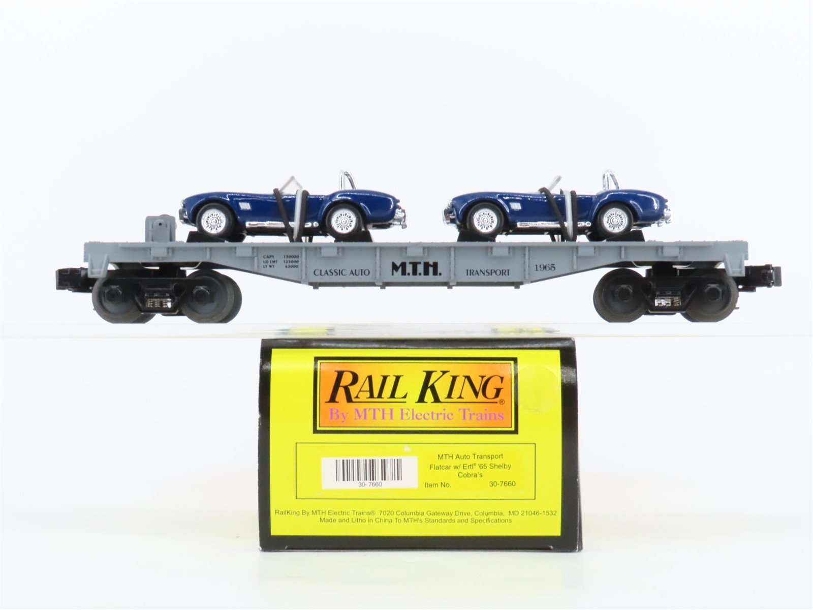 O27 Gauge 3-Rail MTH RailKing 30-7660 Flat Car #1965 w/ Ertl '65 Shelby Cobras
