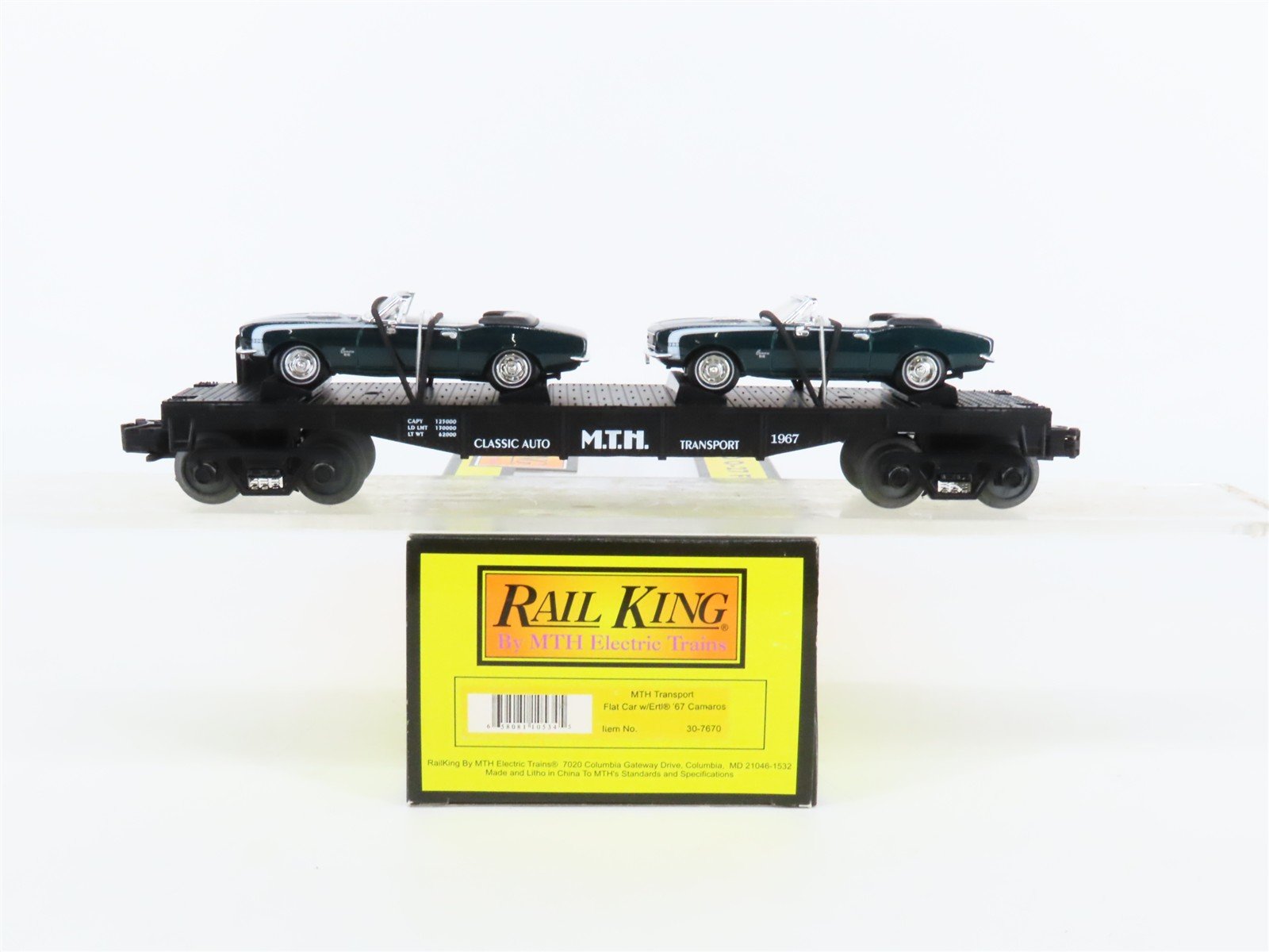 O27 Gauge 3-Rail MTH RailKing 30-7670 Flat Car #1967 w/ Ertl '67 Camaros