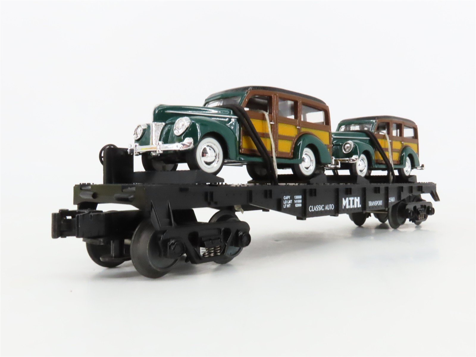 O27 Gauge 3-Rail MTH RailKing 30-7662 Flat Car #1940 w/ Ertl '40 Woody Wagons
