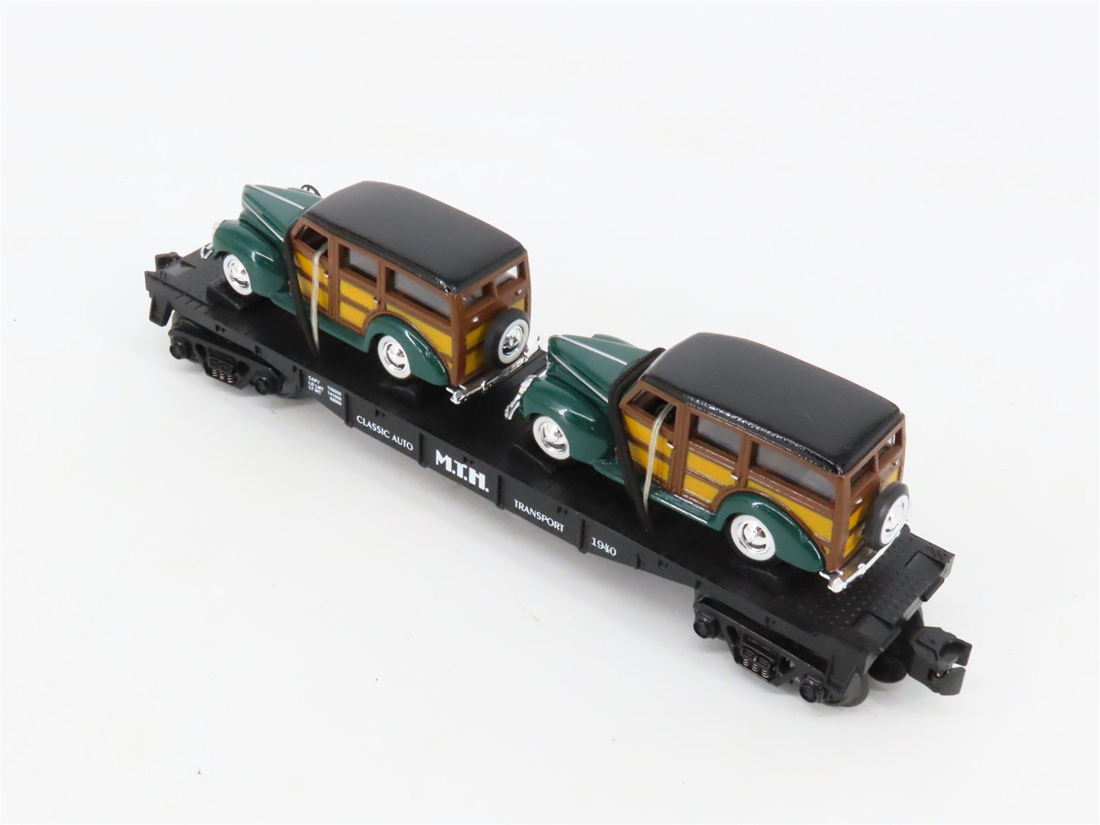 O27 Gauge 3-Rail MTH RailKing 30-7662 Flat Car #1940 w/ Ertl '40 Woody Wagons