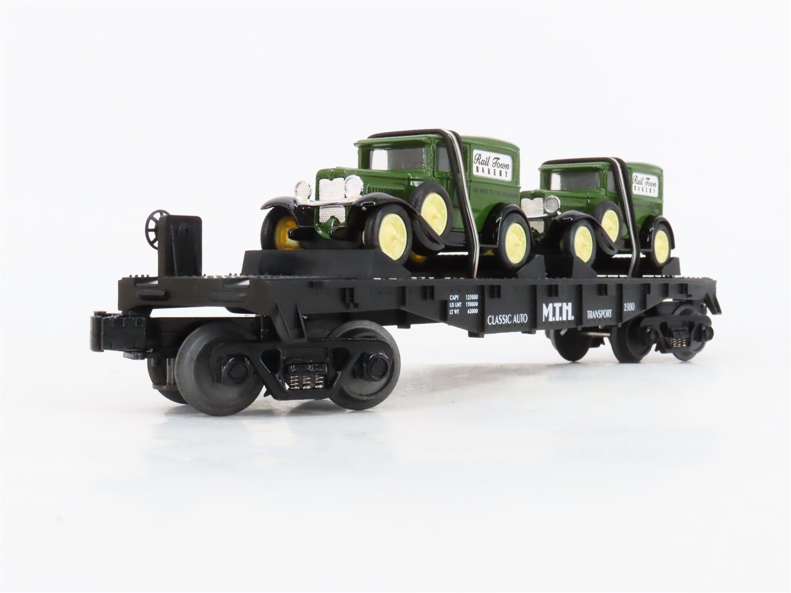 O27 Gauge 3-Rail MTH RailKing 30-7671 Flat Car #1930 w/ Ertl '30 Panel Vans