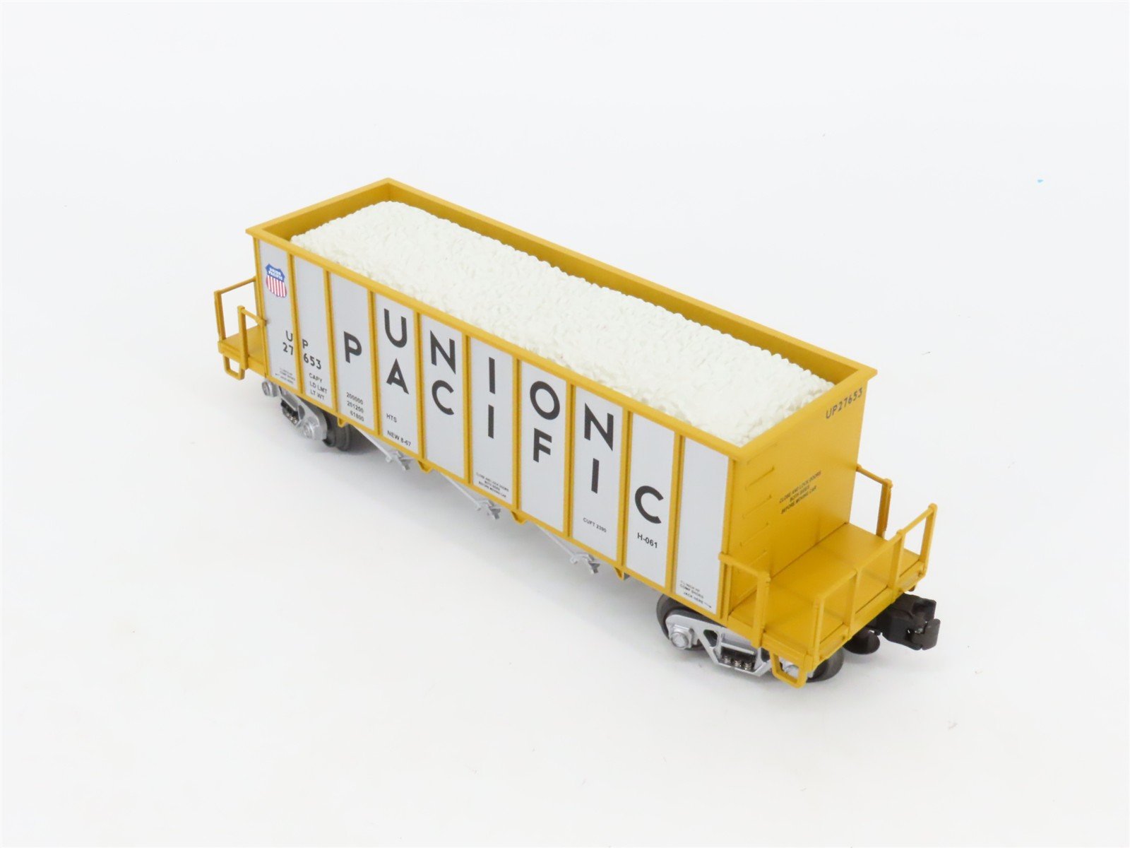 O Gauge 3-Rail MTH 20-98323 UP 3-Bay Rapid Discharge Hopper #27653 w/ Rock Load