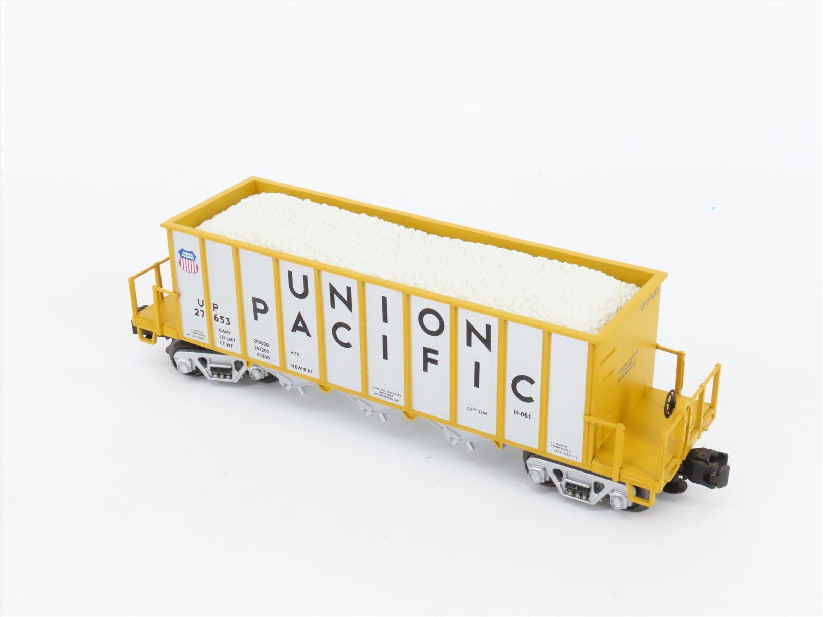 O Gauge 3-Rail MTH 20-98323 UP 3-Bay Rapid Discharge Hopper #27653 w/ Rock Load