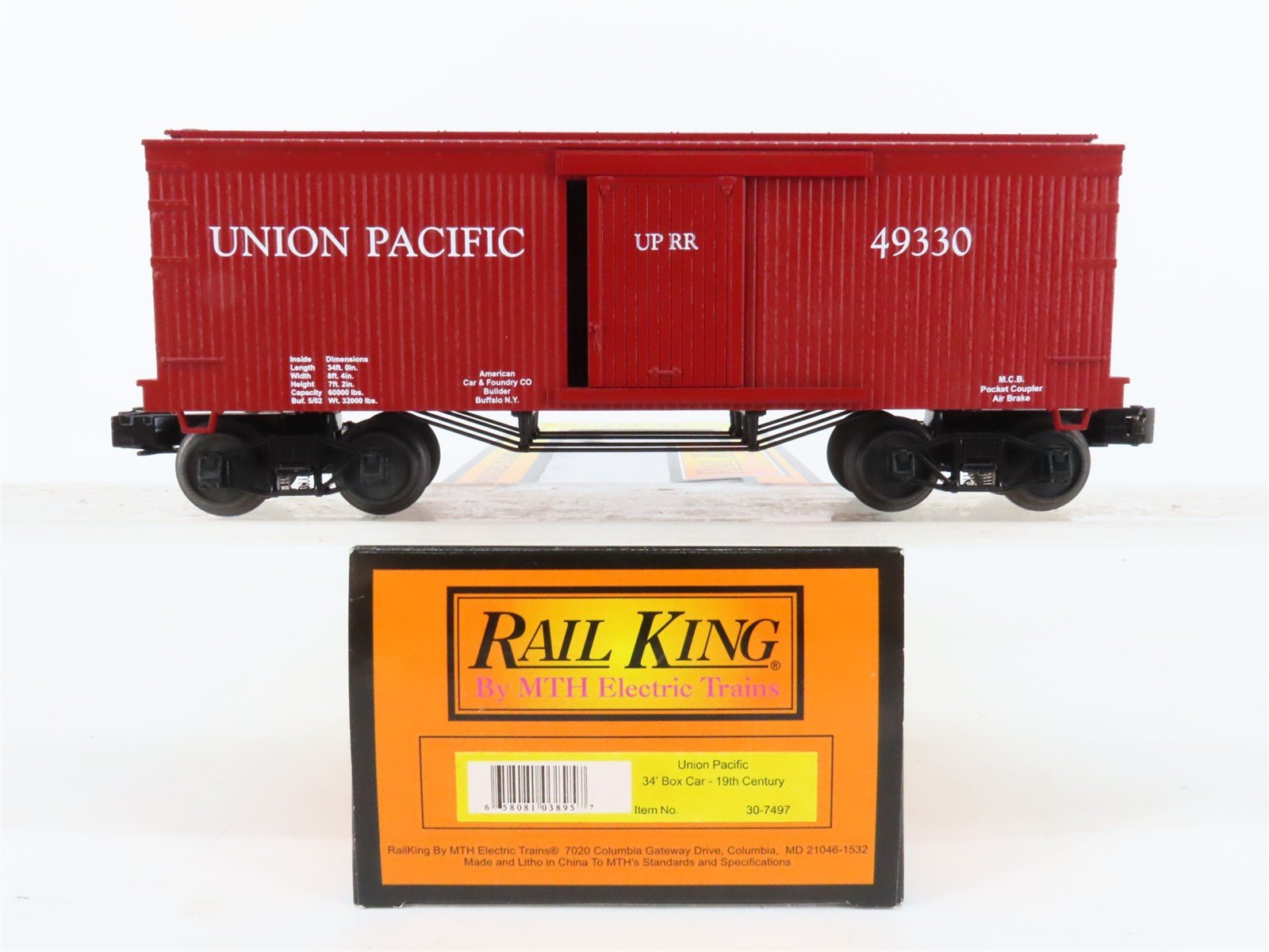 O27 3-Rail MTH RailKing 30-7497 UP Union Pacific 34' 19th Century Box Car #49330