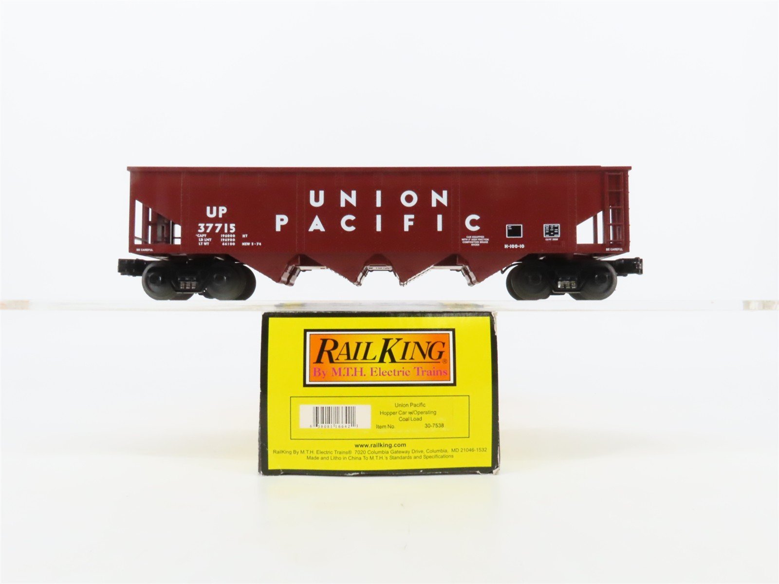 O27 3-Rail MTH RailKing 30-7538 UP 4-Bay Hopper #37715 w/ Operating Coal Load