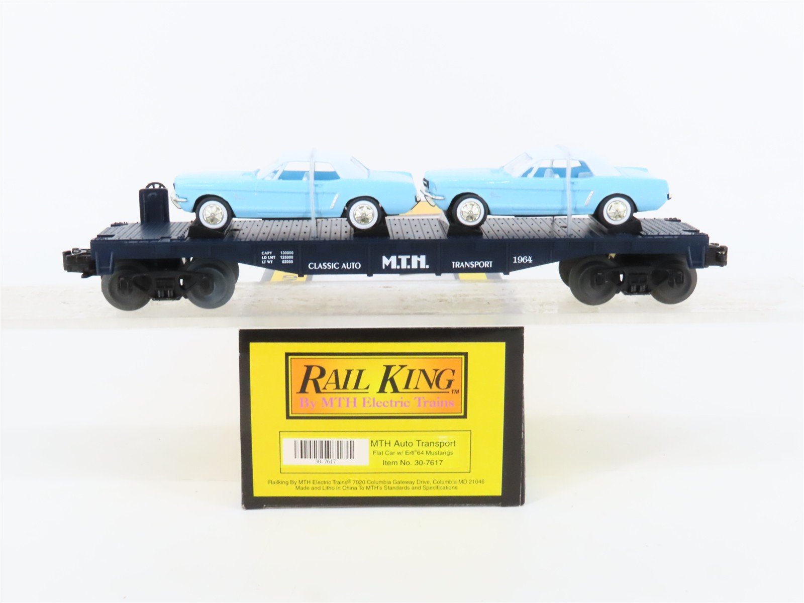 O27 Gauge 3-Rail MTH RailKing 30-7617 Flat Car #1964 w/ Ertl '64 Mustangs