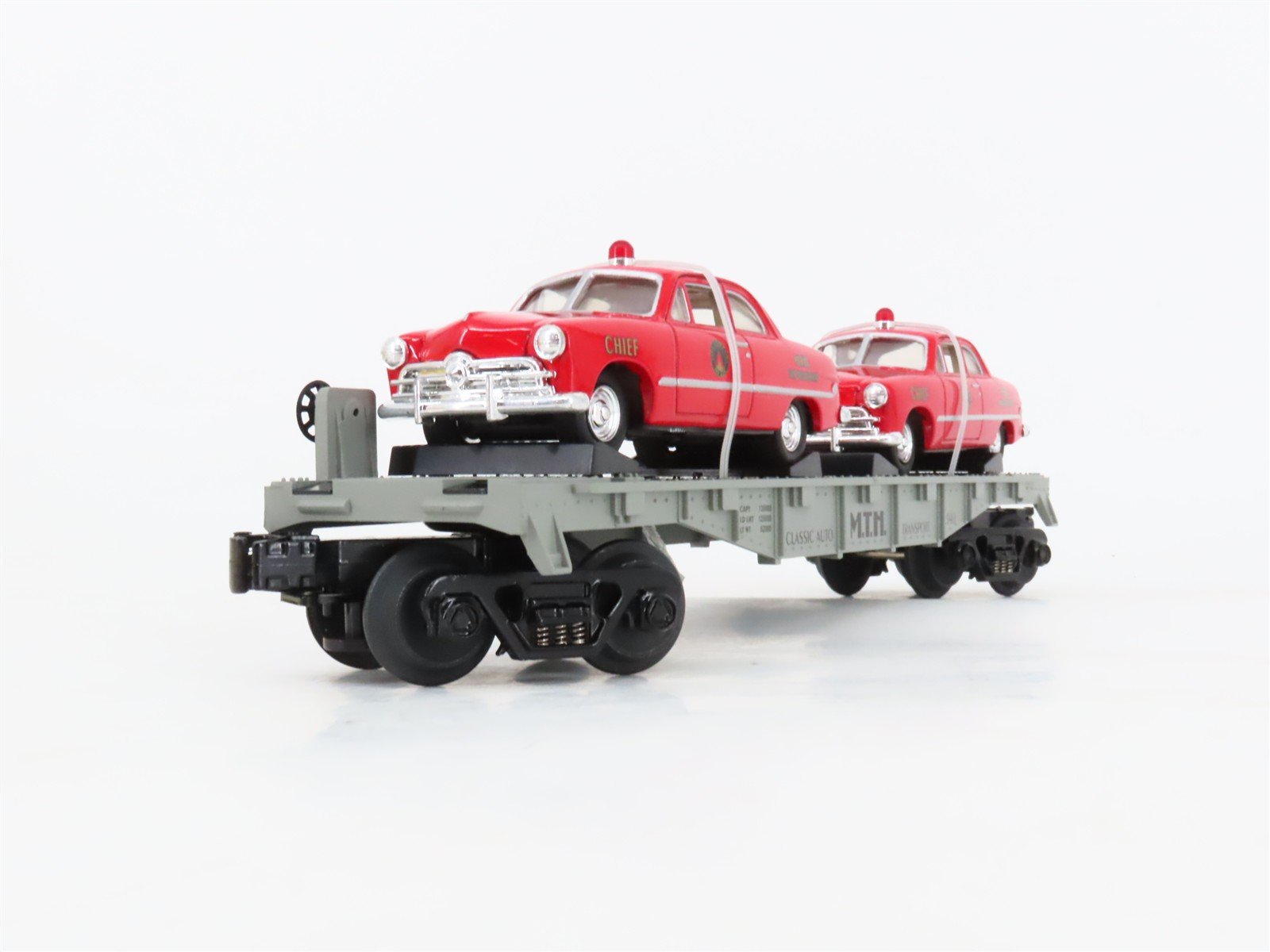 O27 3-Rail MTH RailKing 30-7623 Classic Auto Flat Car #1949 w/ Ertl Fire Cars