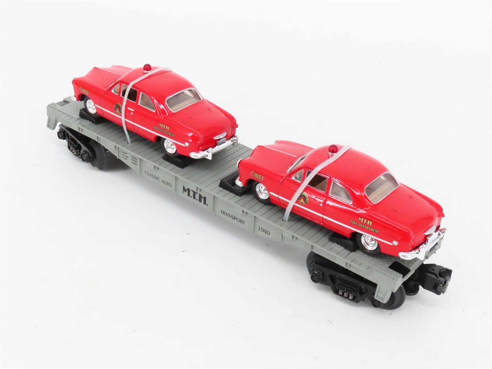 O27 3-Rail MTH RailKing 30-7623 Classic Auto Flat Car #1949 w/ Ertl Fire Cars