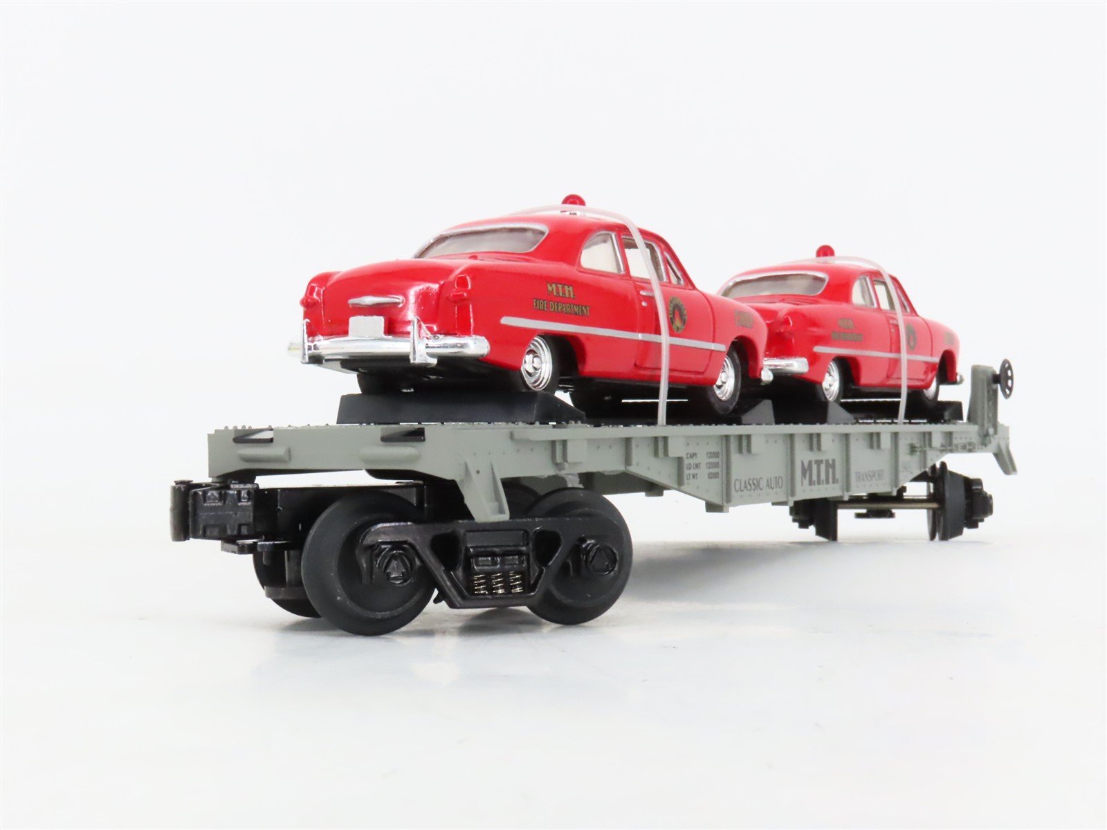 O27 3-Rail MTH RailKing 30-7623 Classic Auto Flat Car #1949 w/ Ertl Fire Cars