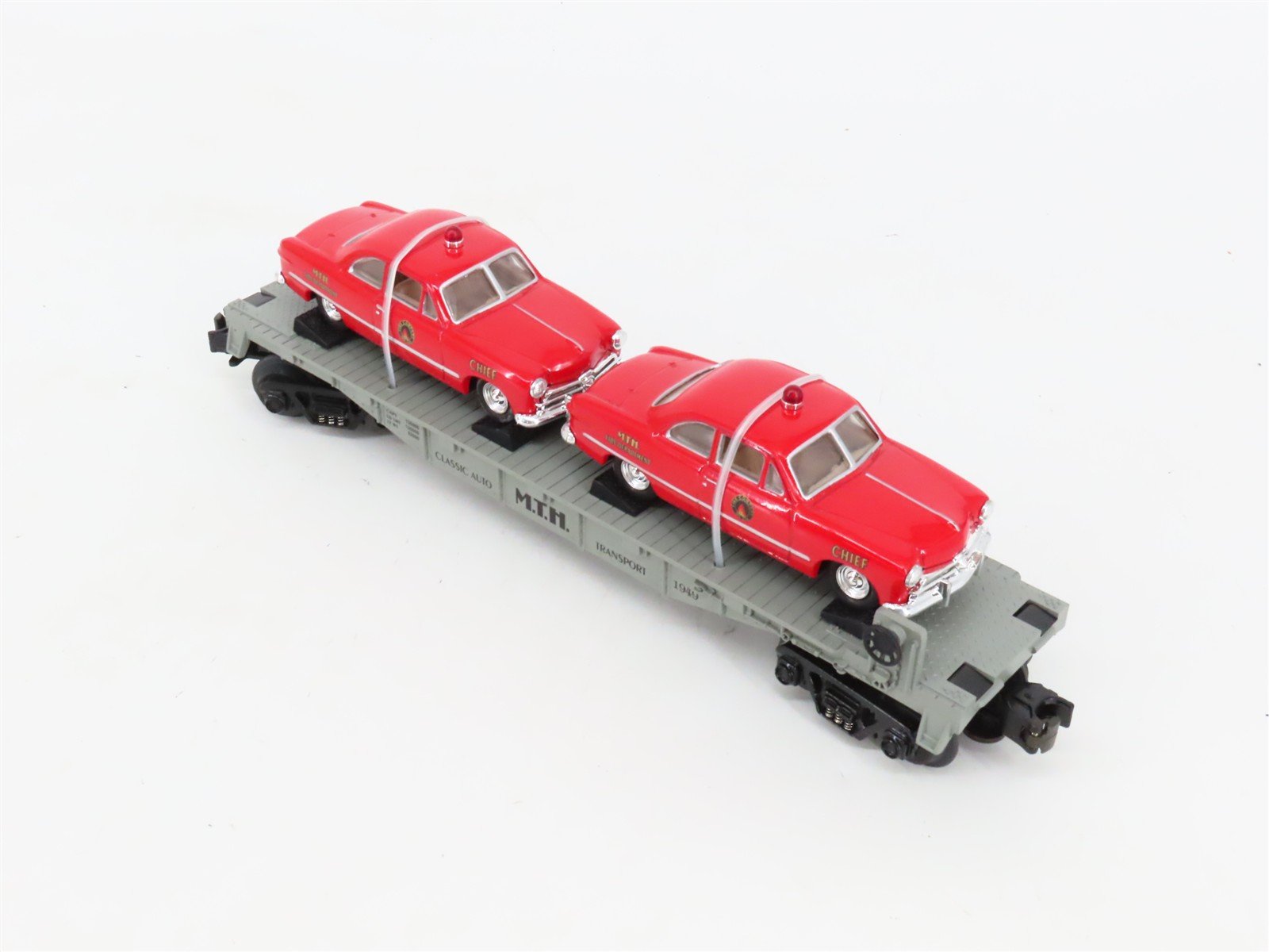 O27 3-Rail MTH RailKing 30-7623 Classic Auto Flat Car #1949 w/ Ertl Fire Cars