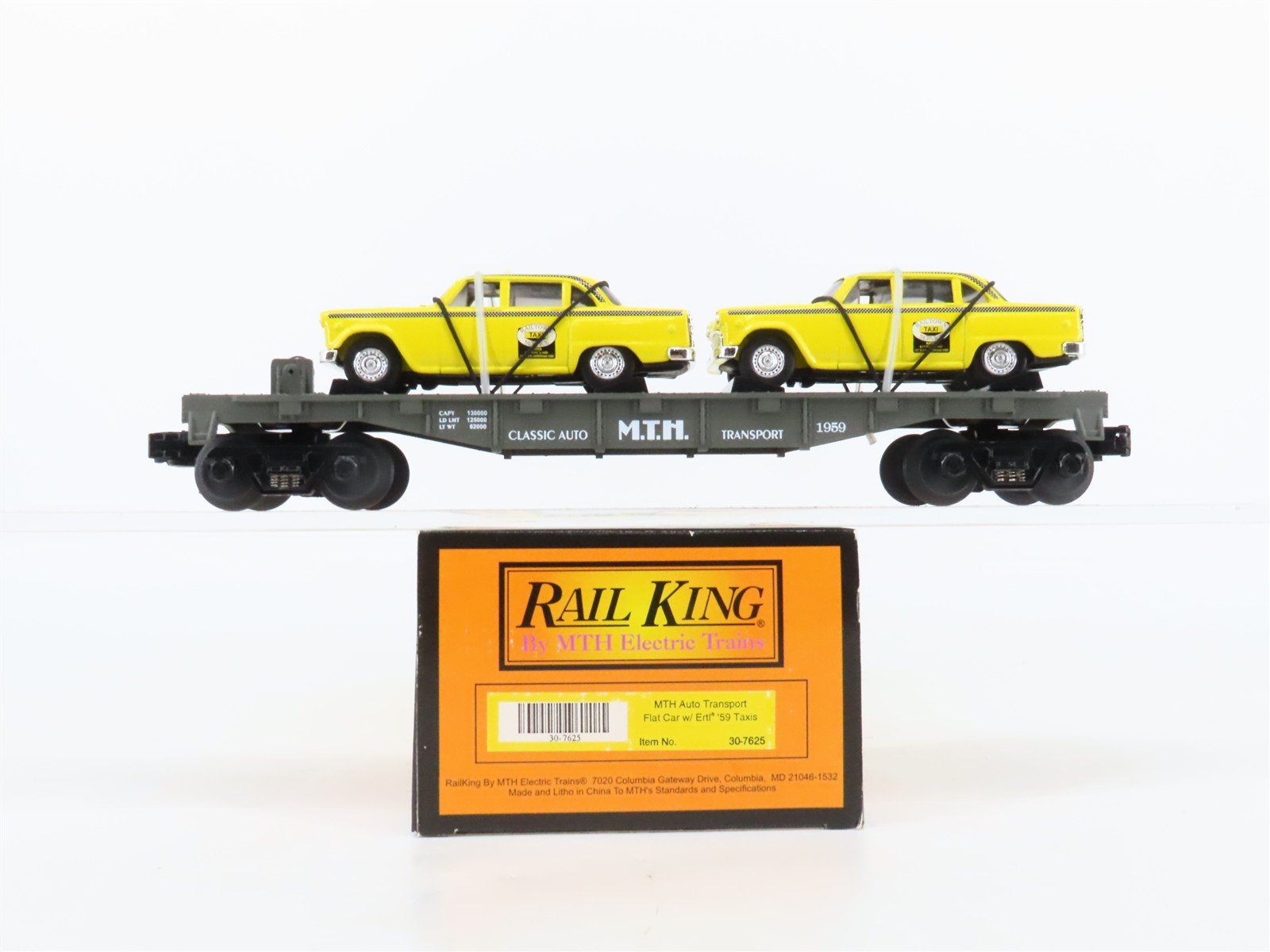 O27 Gauge 3-Rail MTH RailKing 30-7625 Classic Auto Flat Car w/ Ertl '59 Taxis