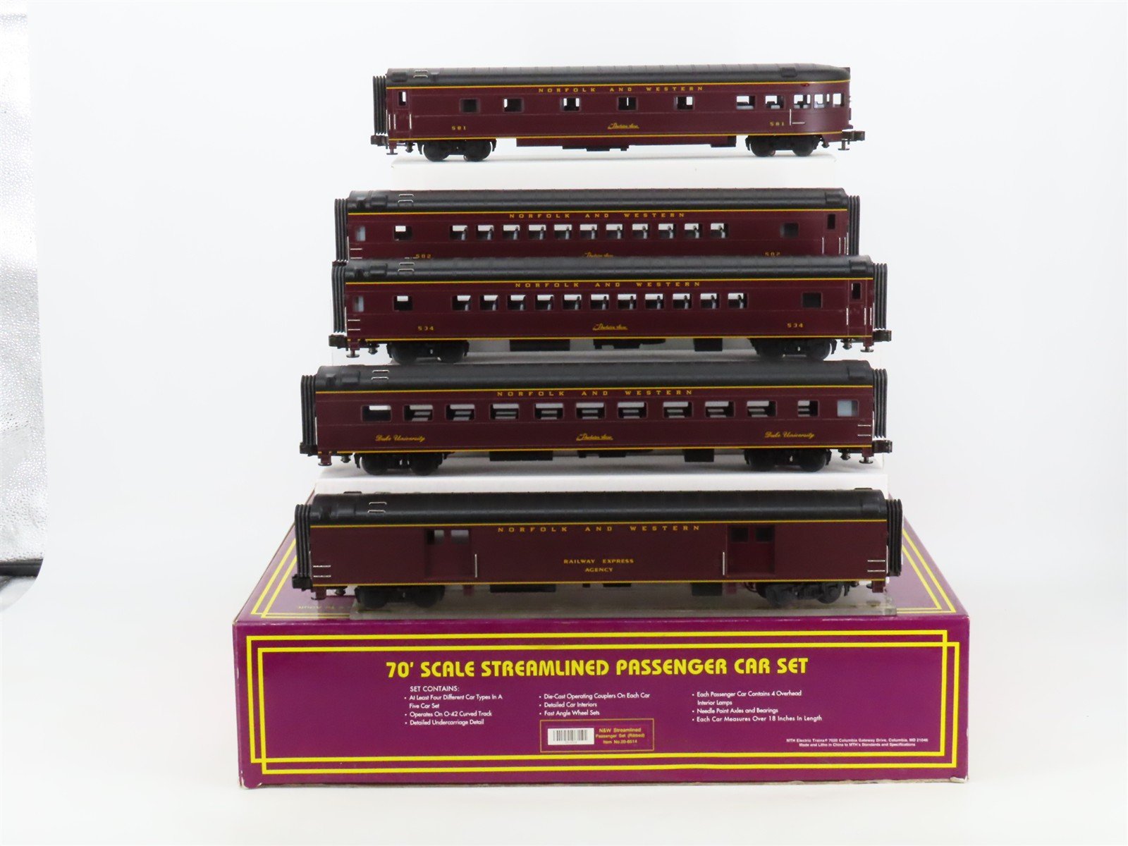 O Gauge 3-Rail MTH 20-6514 N&W Norfolk & Western 70' Passenger 5-Car Set wLights