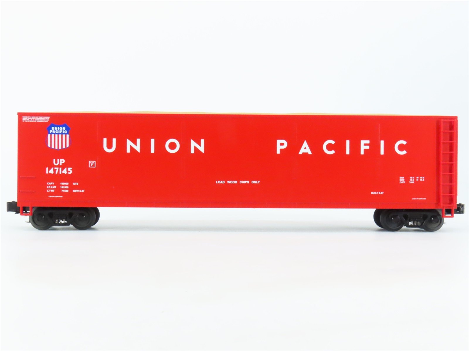 O Gauge 3-Rail MTH UP Union Pacific Railroad Wood Chip Hopper #147145 w/ Load