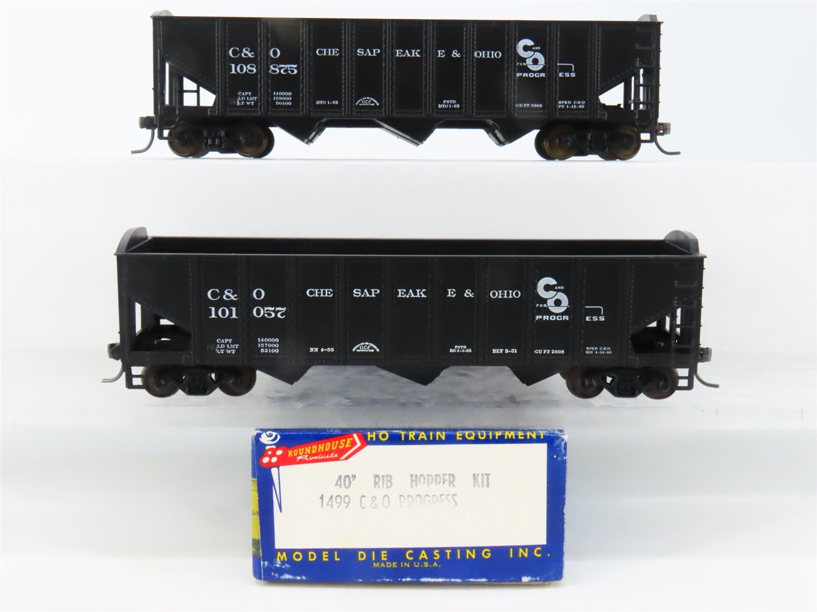 LOT of 2 HO Scale Roundhouse 1499 C&O "Progress" 3-Bay Open Hopper - Upgraded