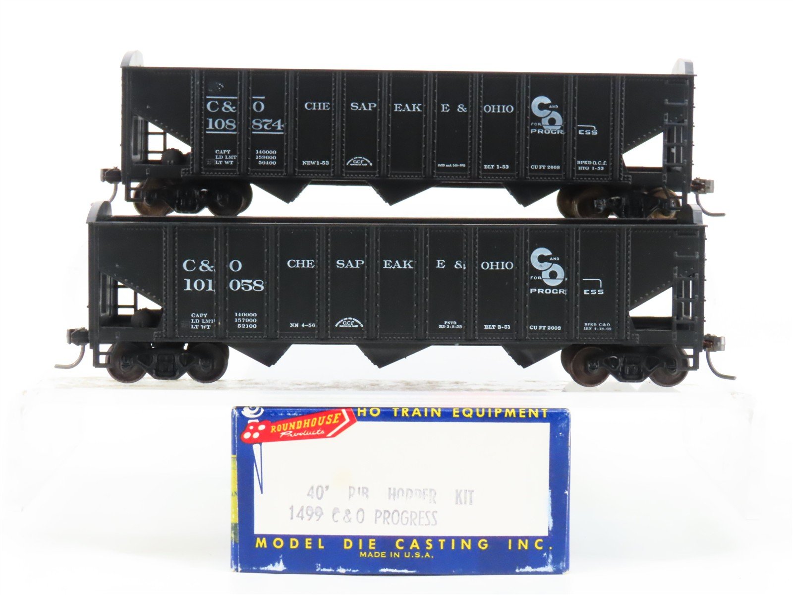 LOT of 2 HO Scale Roundhouse 1499 C&O "Progress" 3-Bay Open Hopper - Upgraded