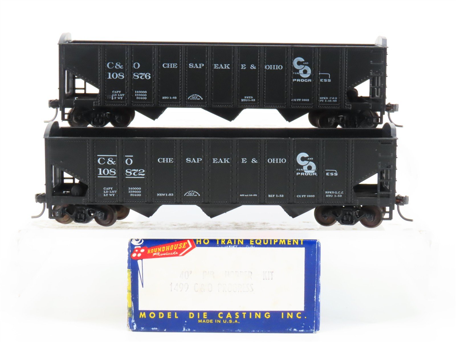 LOT of 2 HO Scale Roundhouse 1499 C&O "Progress" 3-Bay Open Hopper - Upgraded