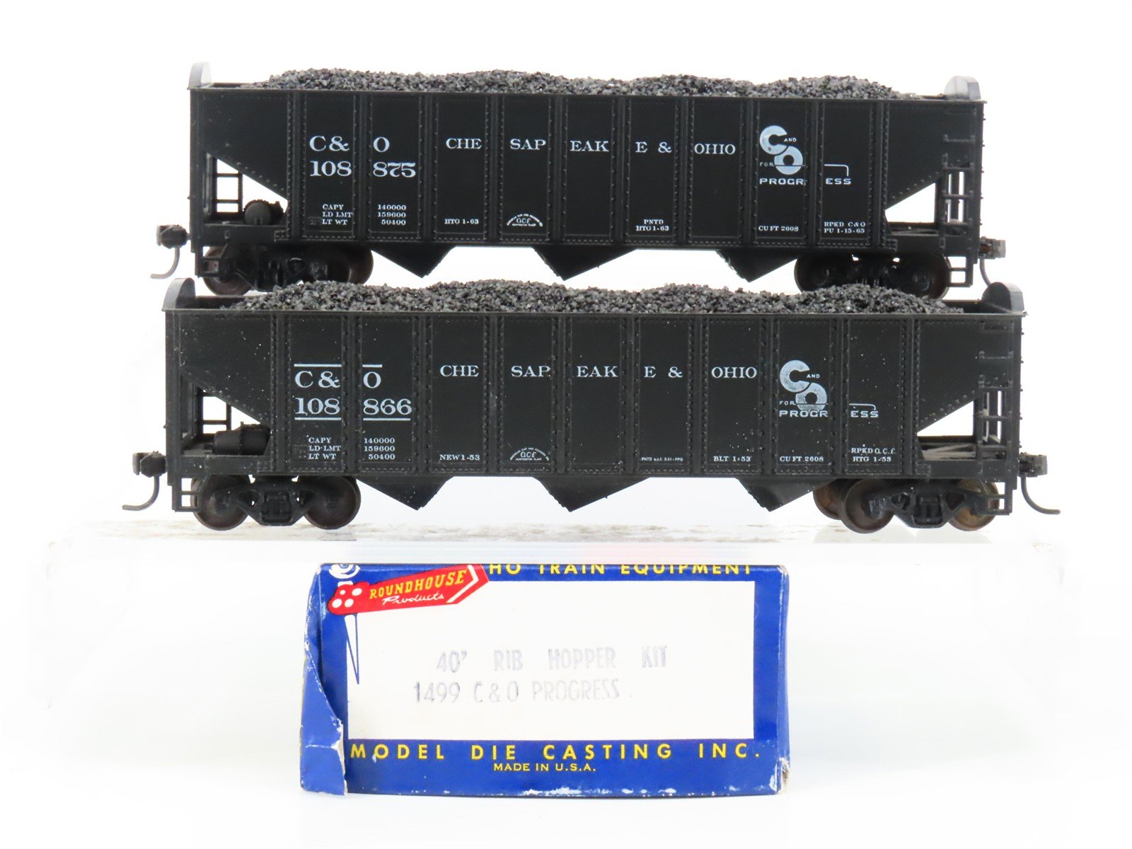 LOT of 2 HO Scale Roundhouse 1499 C&O Progress 3-Bay Hopper w/ Load - Upgraded