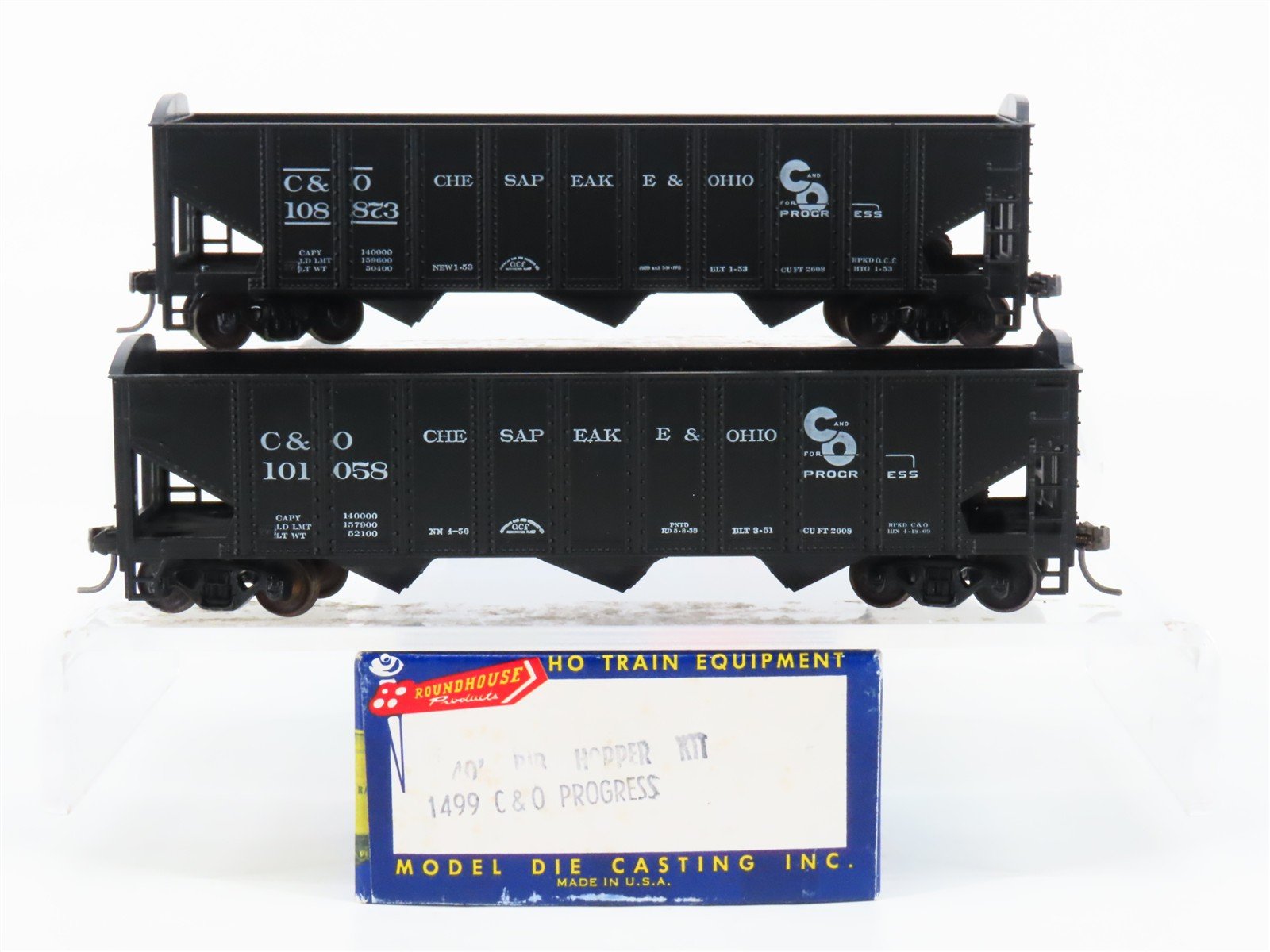 LOT of 2 HO Scale Roundhouse 1499 C&O Progress 3-Bay Open Hopper - Upgraded