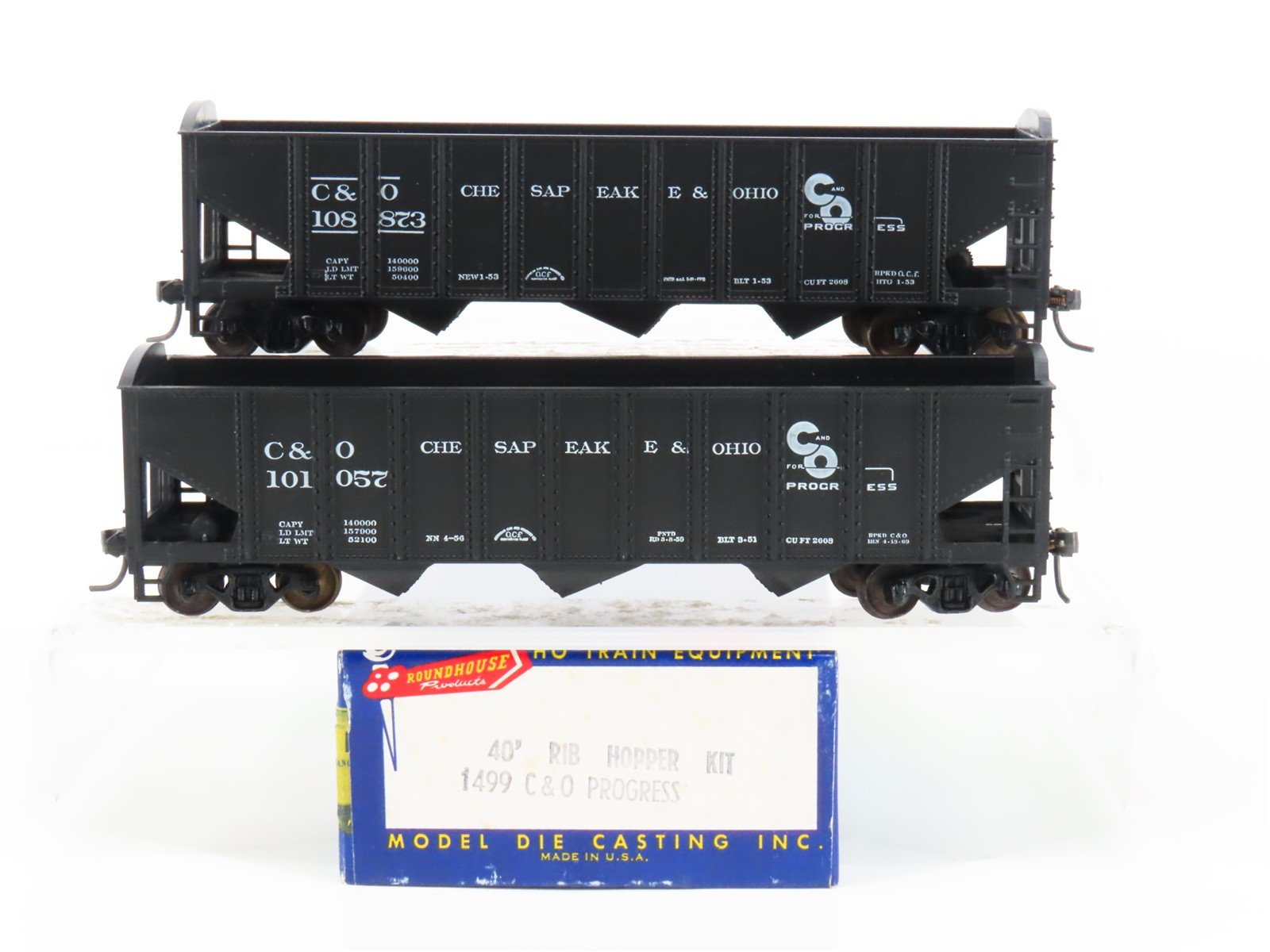 LOT of 2 HO Scale Roundhouse 1499 C&O Progress 3-Bay Open Hopper - Upgraded