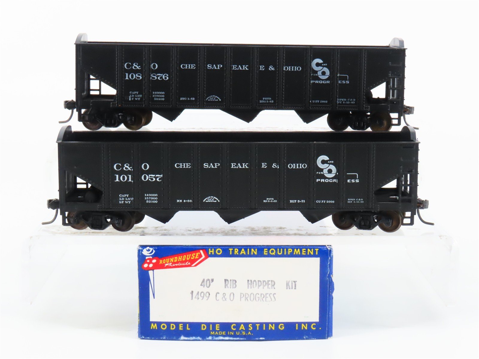 LOT of 2 HO Scale Roundhouse 1499 C&O Progress 3-Bay Open Hopper - Upgraded