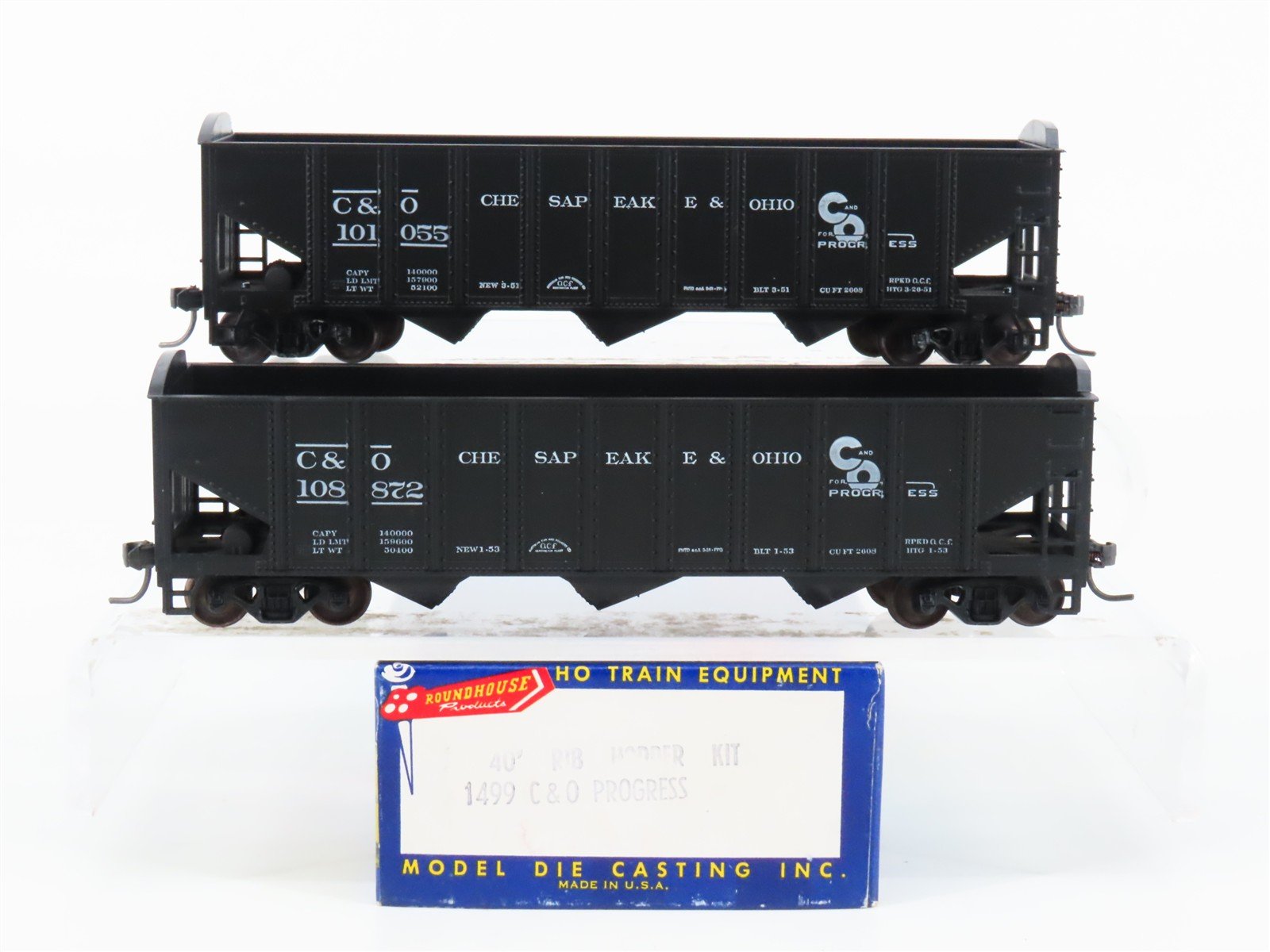 LOT of 2 HO Scale Roundhouse 1499 C&O Progress 3-Bay Open Hopper - Upgraded