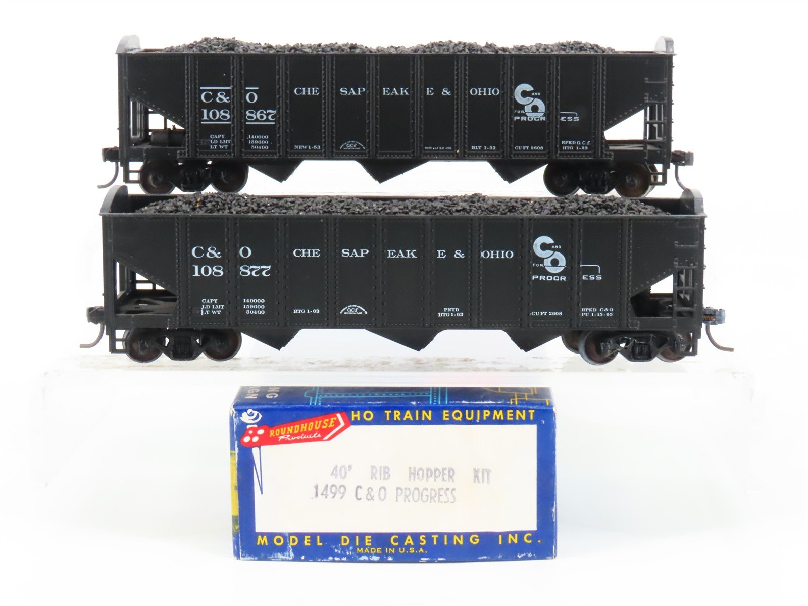 LOT of 2 HO Roundhouse 1499 C&O Progress 3-Bay Hopper w/ Coal Load - Upgraded