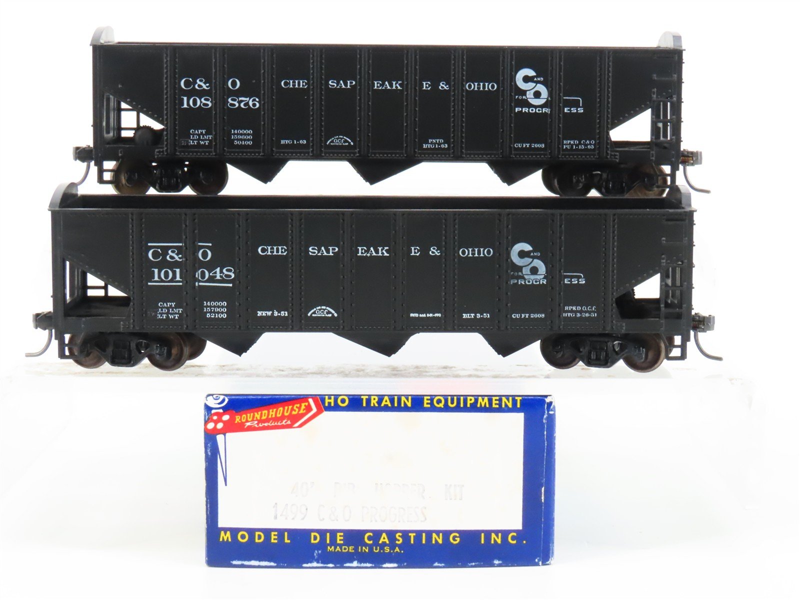 LOT of 2 HO Scale Roundhouse 1499 C&O Progress 3-Bay Open Hopper - Upgraded
